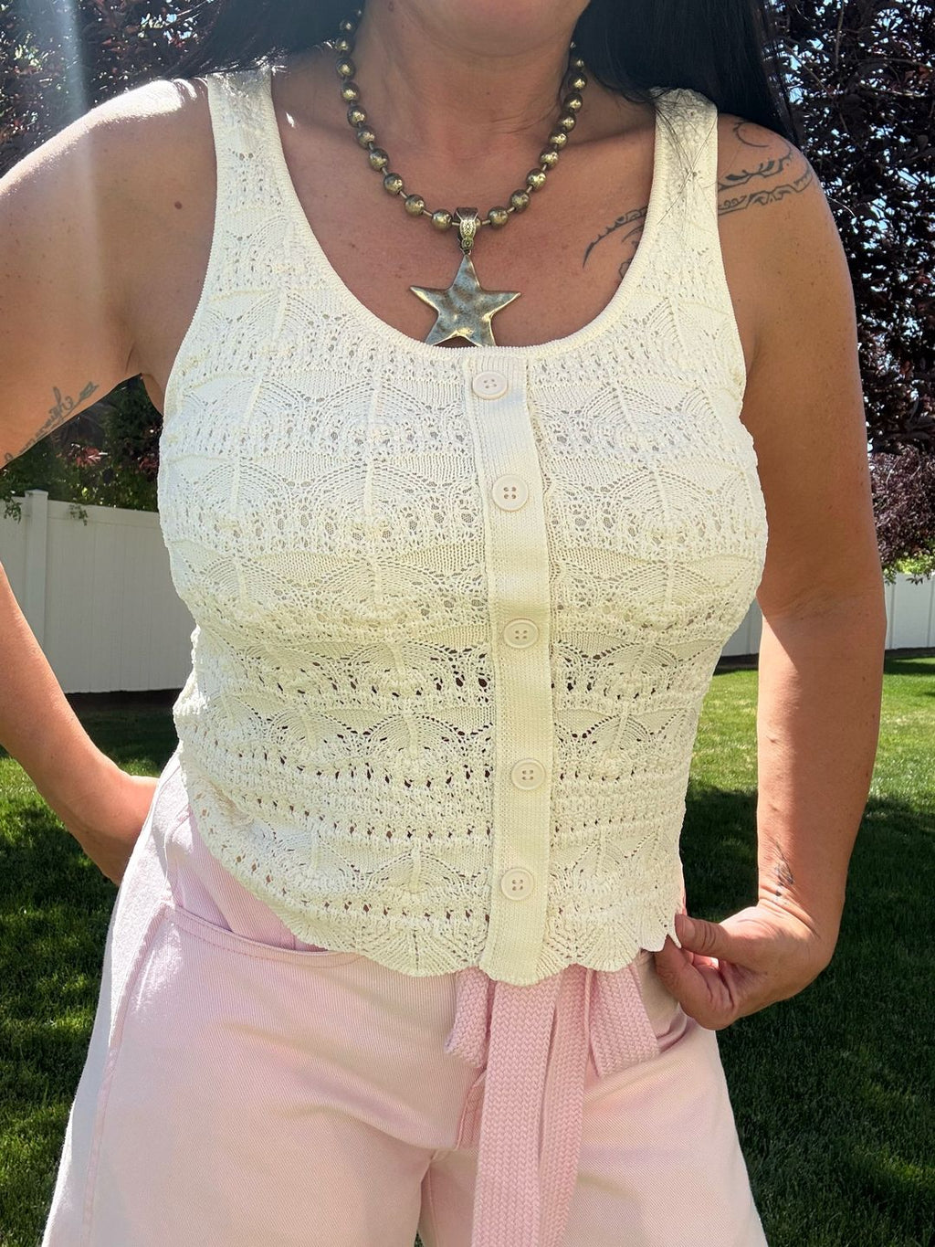 Cream Scalloped Hem Knit Tank