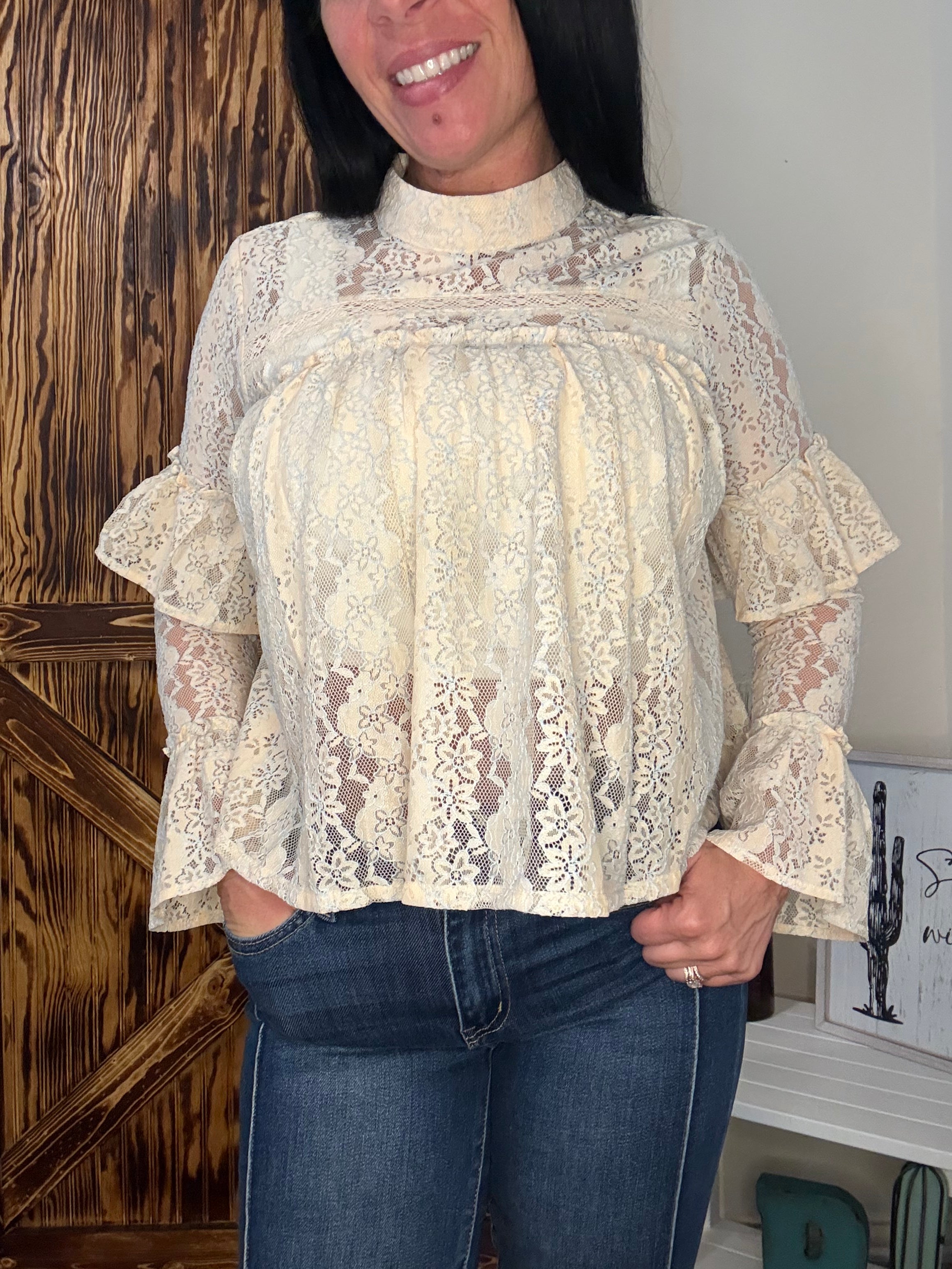 Long Sleeve High Neck Lace Top