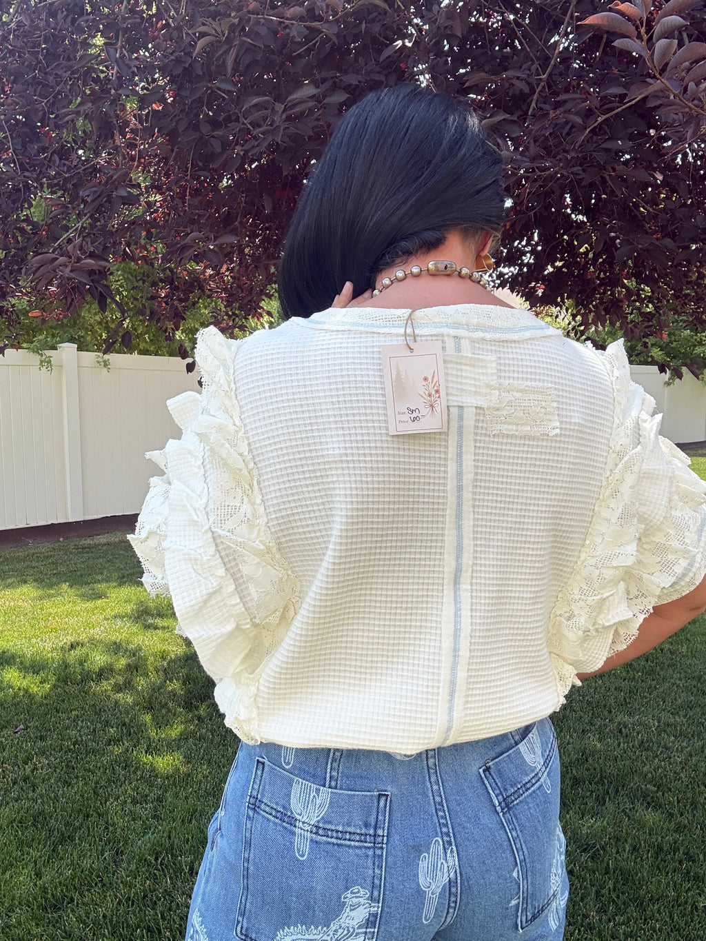 Knit Ruffle Sleeve Lace Stud Cropped Short Top