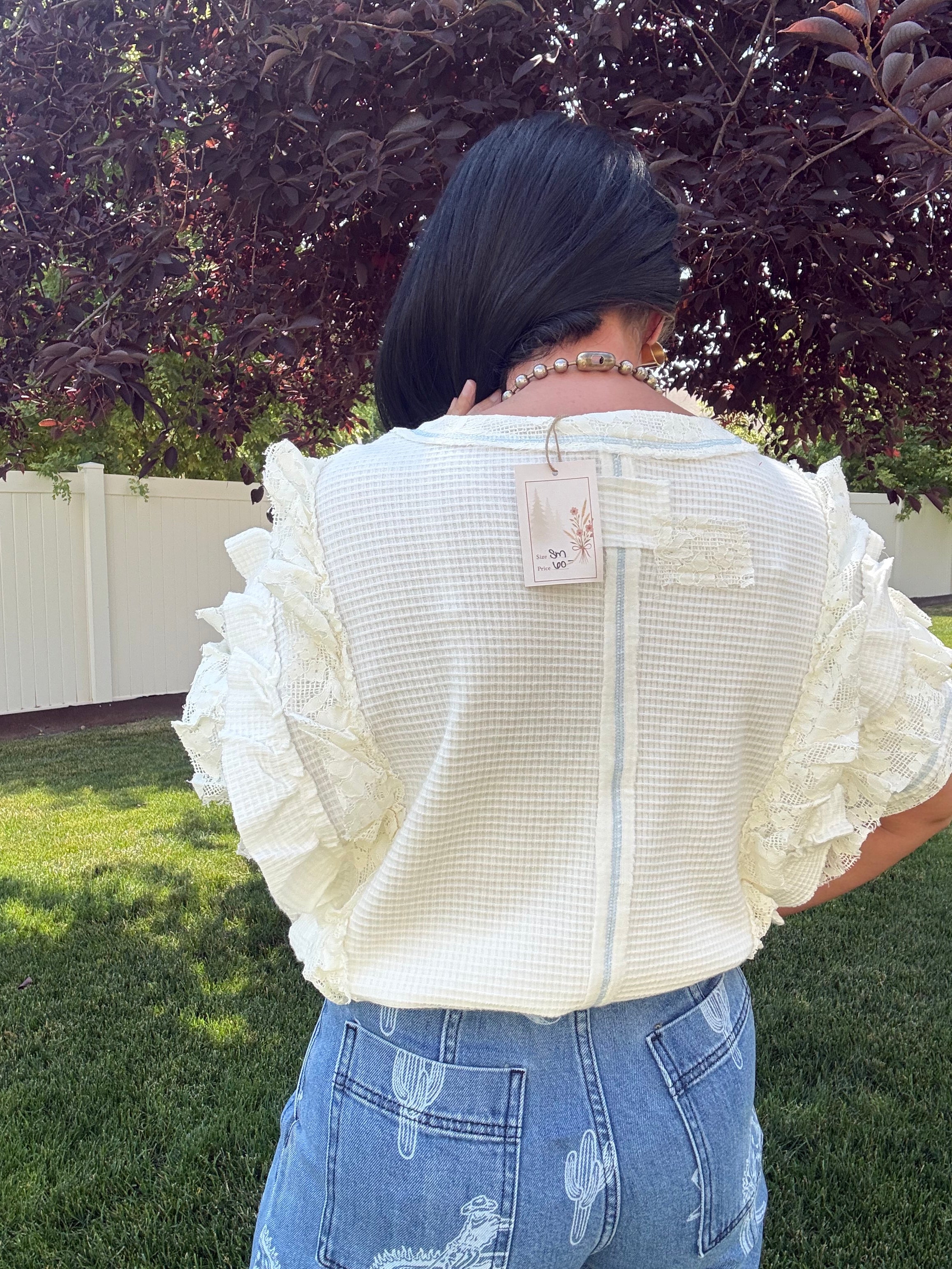 Knit Ruffle Sleeve Lace Stud Cropped Short Top