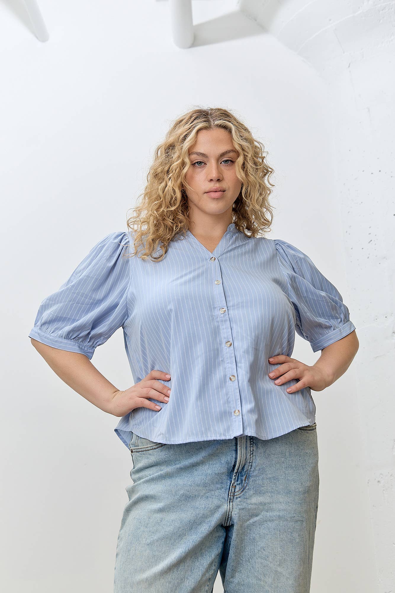 Blue V-NECK BUTTON UP TOP PLUS