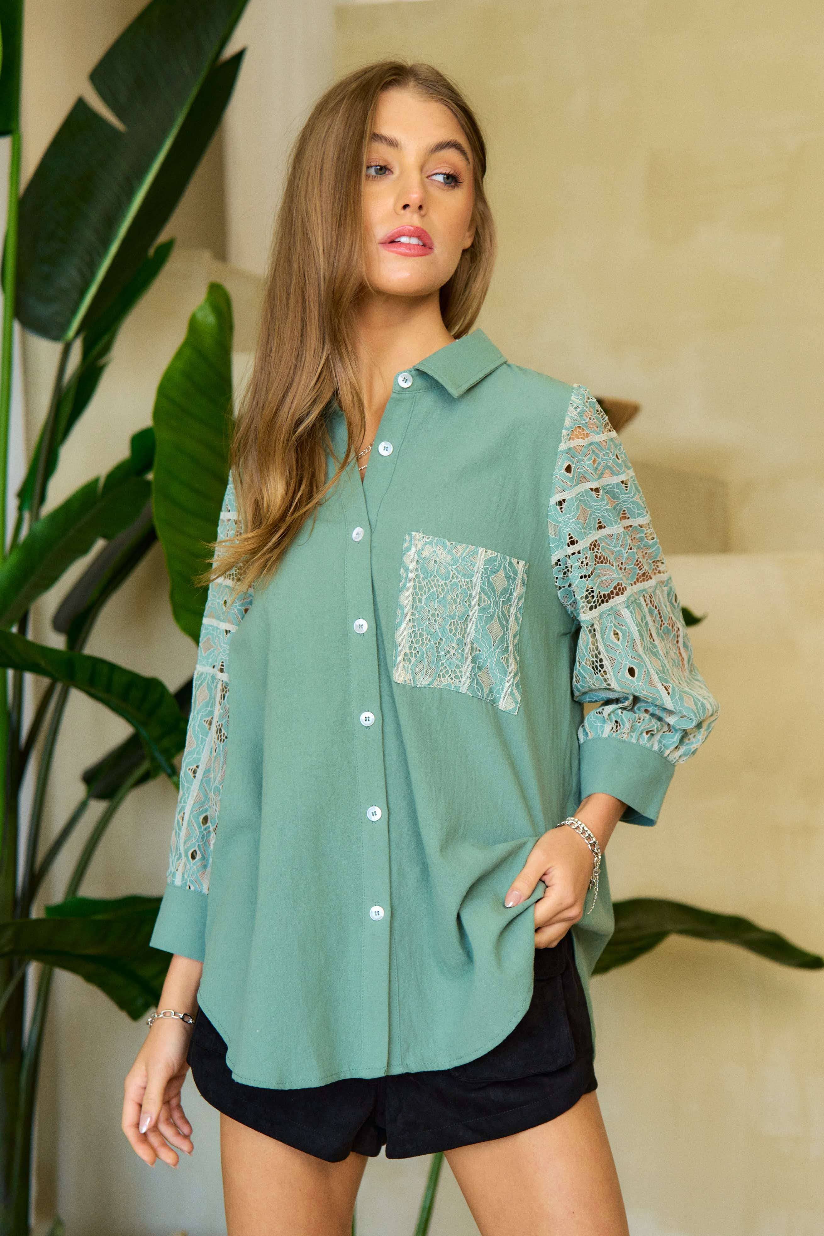 Geo Stripe Lace Long Sleeve Button Shirt - Plus