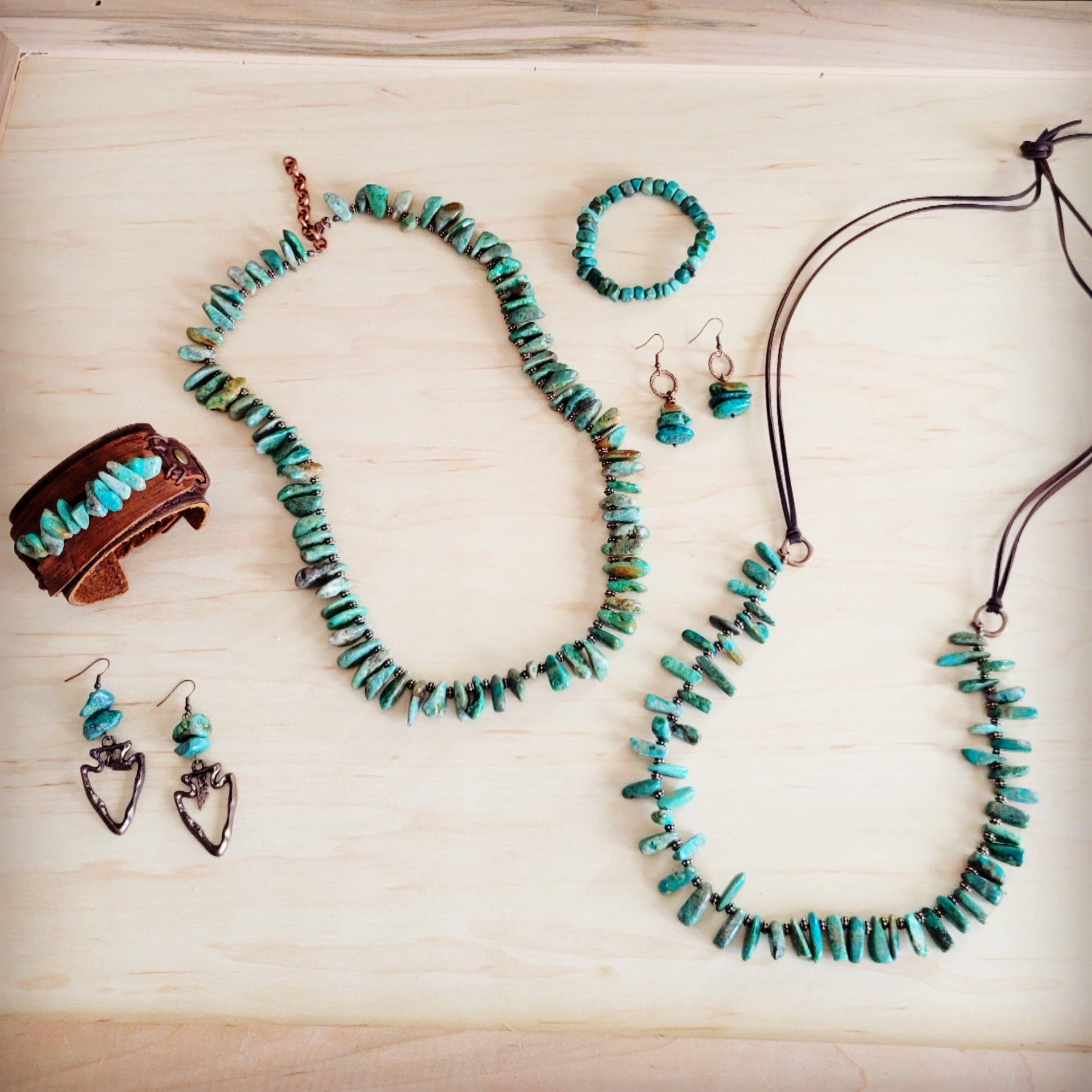 Natural Turquoise Stacked Stone Necklace Matinee Length