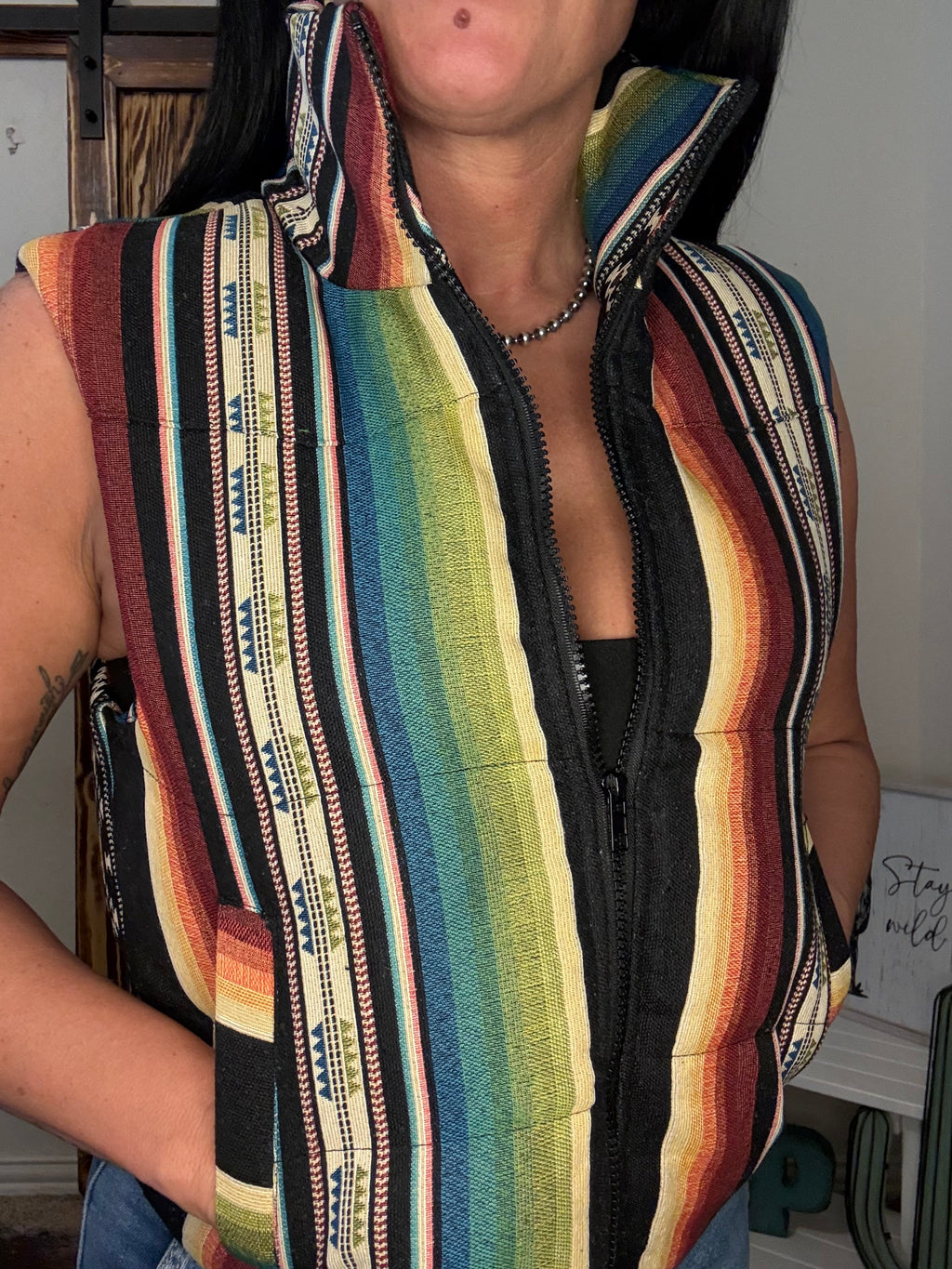 Black Serape Woven Zip-up Puffer Vest