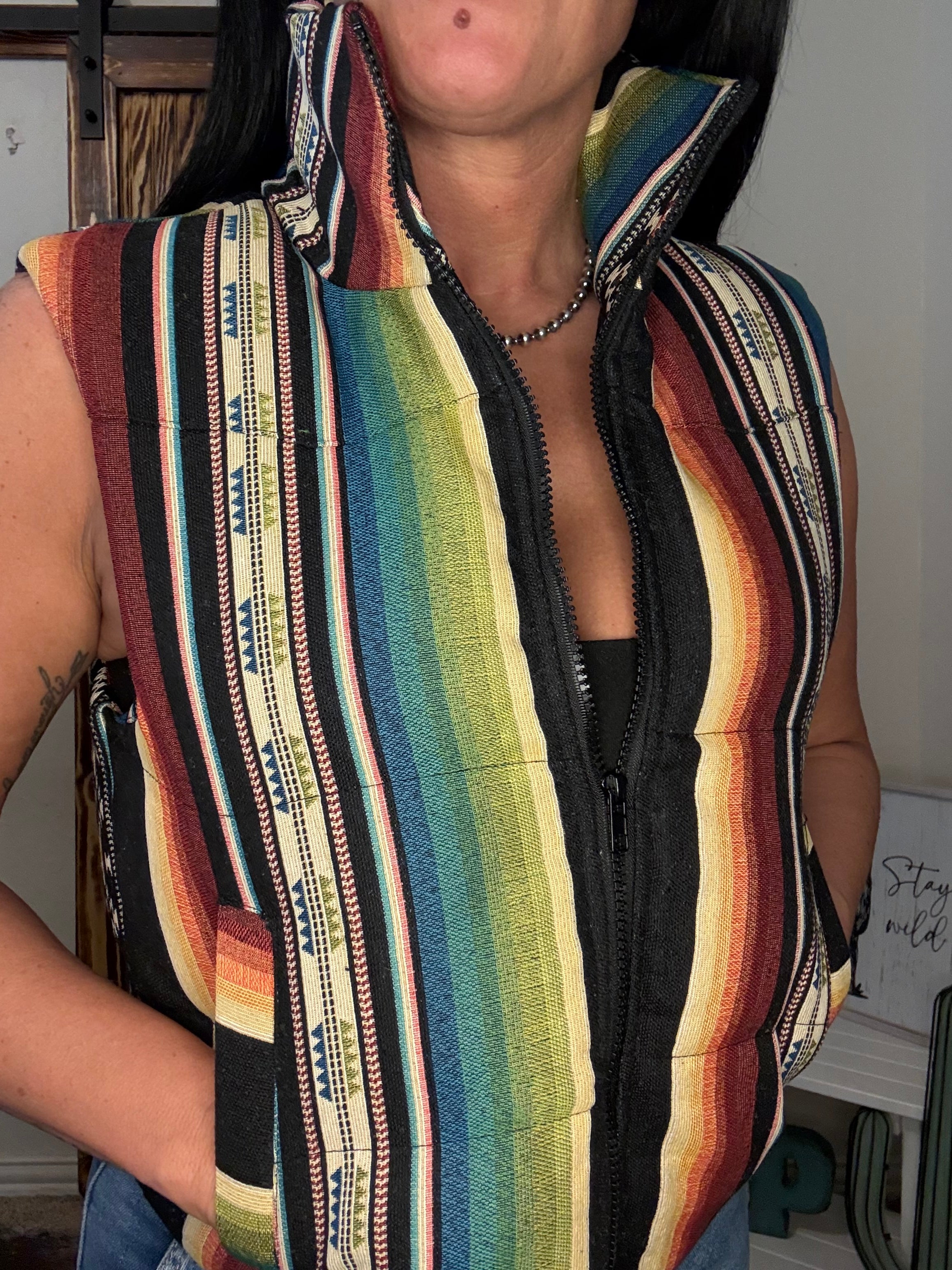 Black Serape Woven Zip-up Puffer Vest
