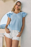 Solid Cotton Gauze Blouse - V-Neck with Ruffle Sleeve