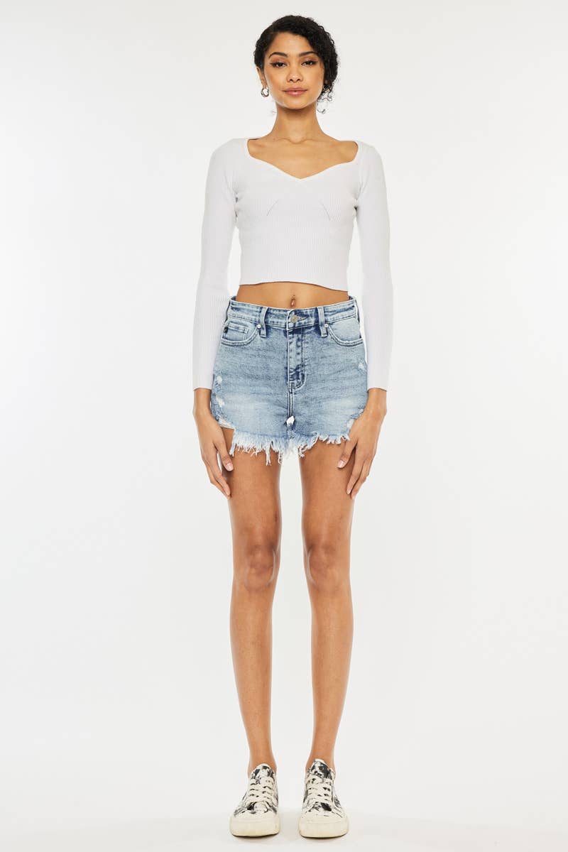 HIGH RISE FRAY HEM SHORTS *