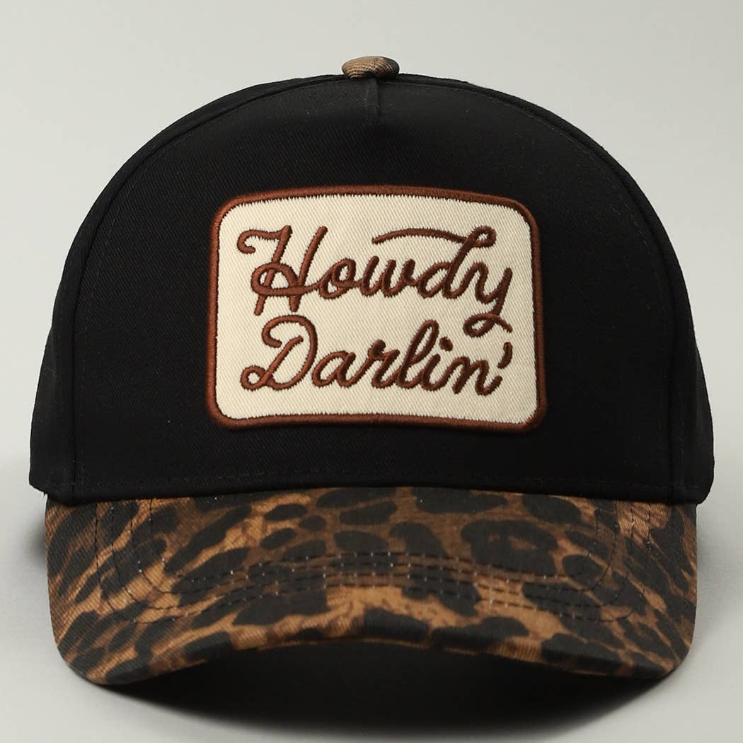 Howdy Darlin' Embroidered Leopard Brim Trucker Hat in Black