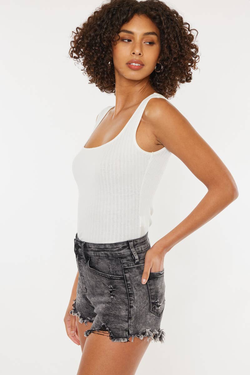 High Rise Gray Stone Fray Hem Denim Shorts