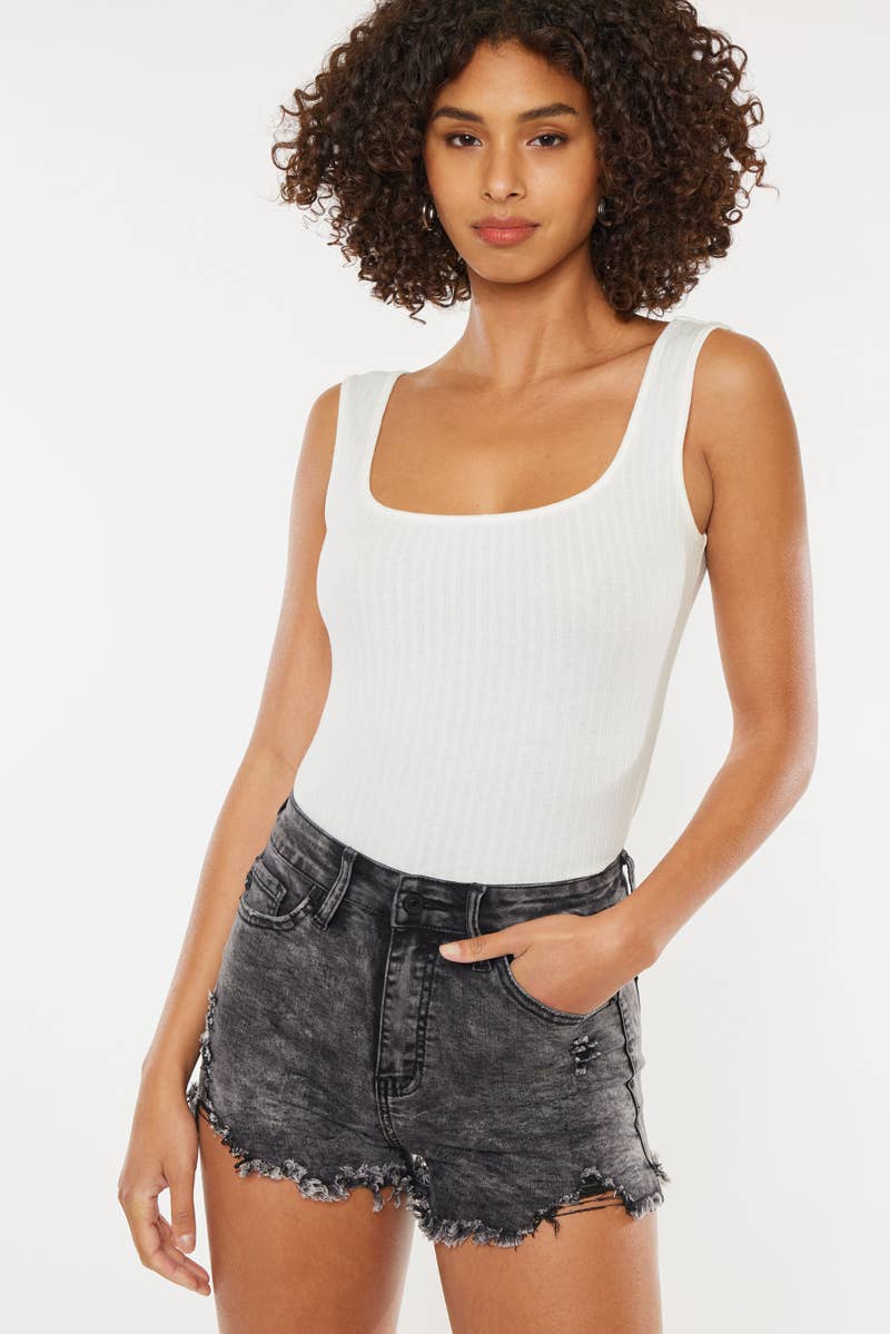 High Rise Gray Stone Fray Hem Denim Shorts