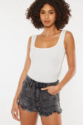 High Rise Gray Stone Fray Hem Denim Shorts