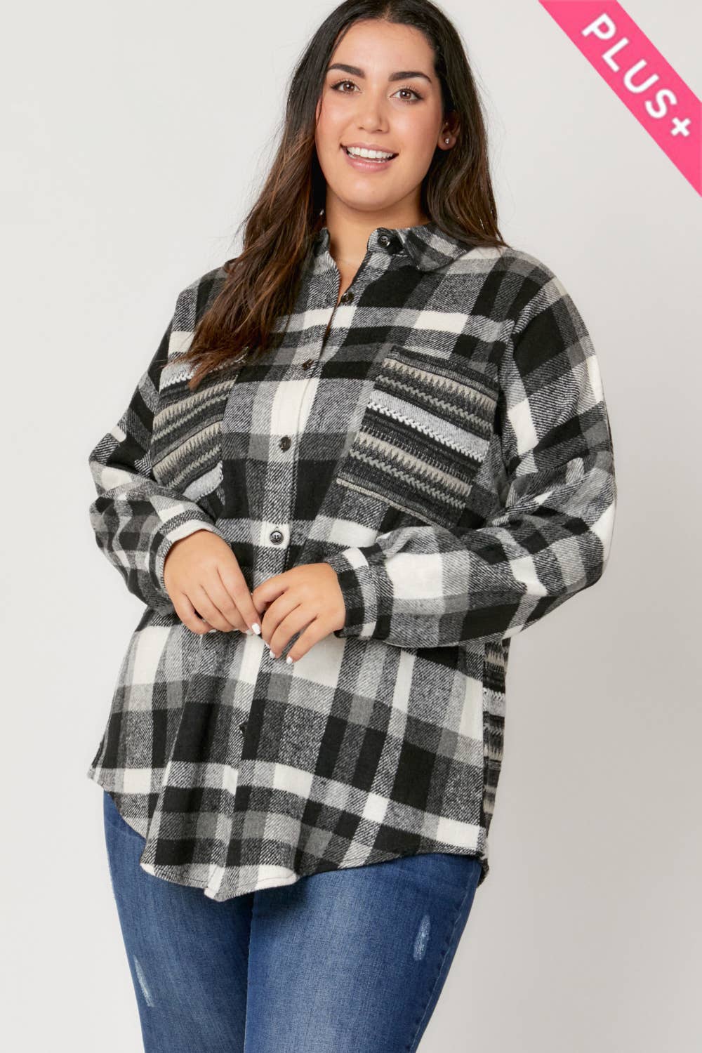 Plaid Button Down Long Sleeve Pocket Shirt Plus