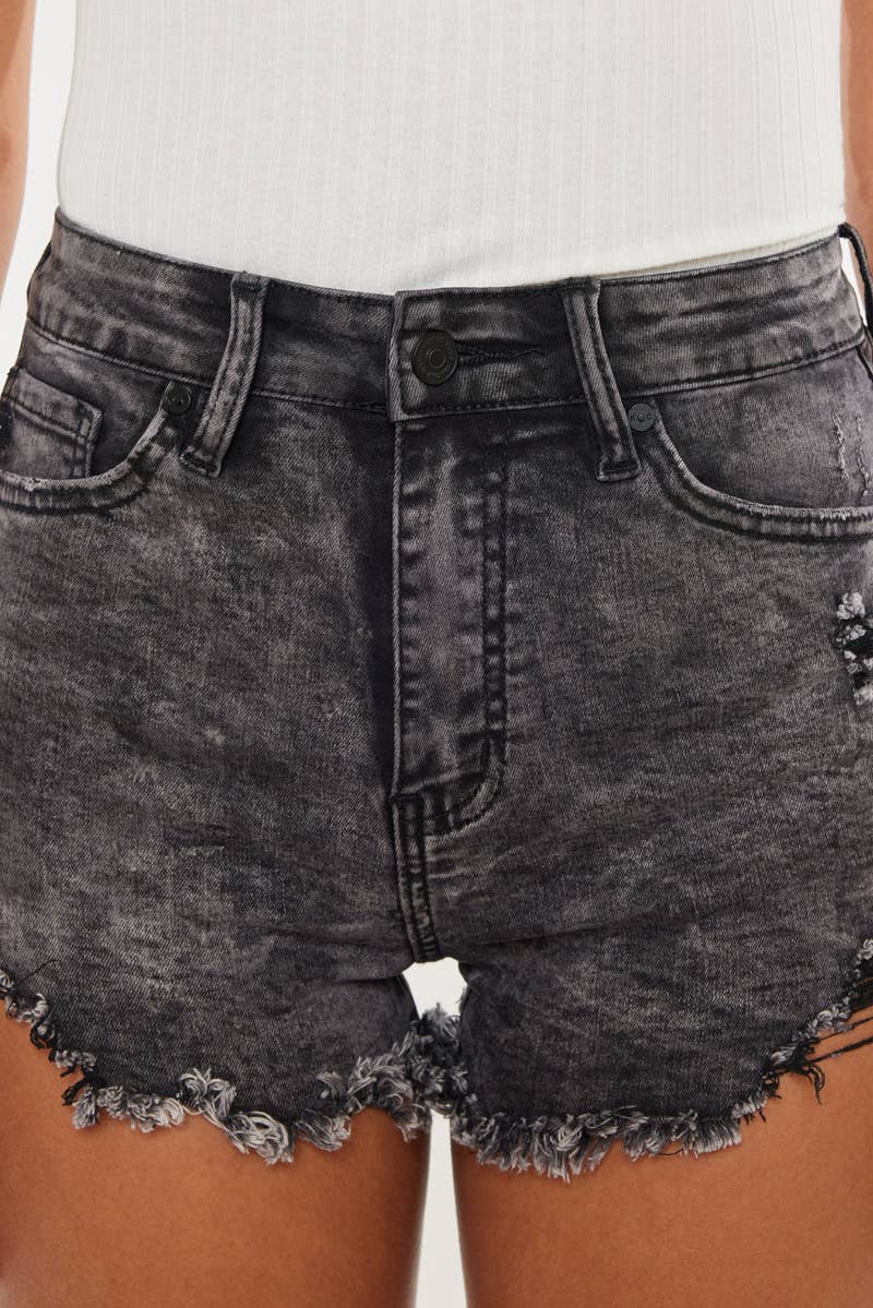 High Rise Gray Stone Fray Hem Denim Shorts