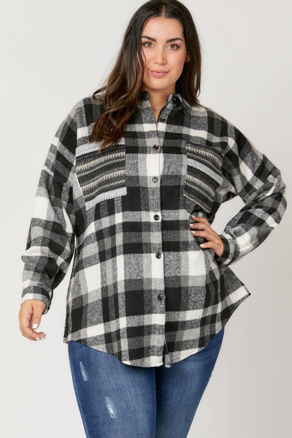 Plaid Button Down Long Sleeve Pocket Shirt Plus
