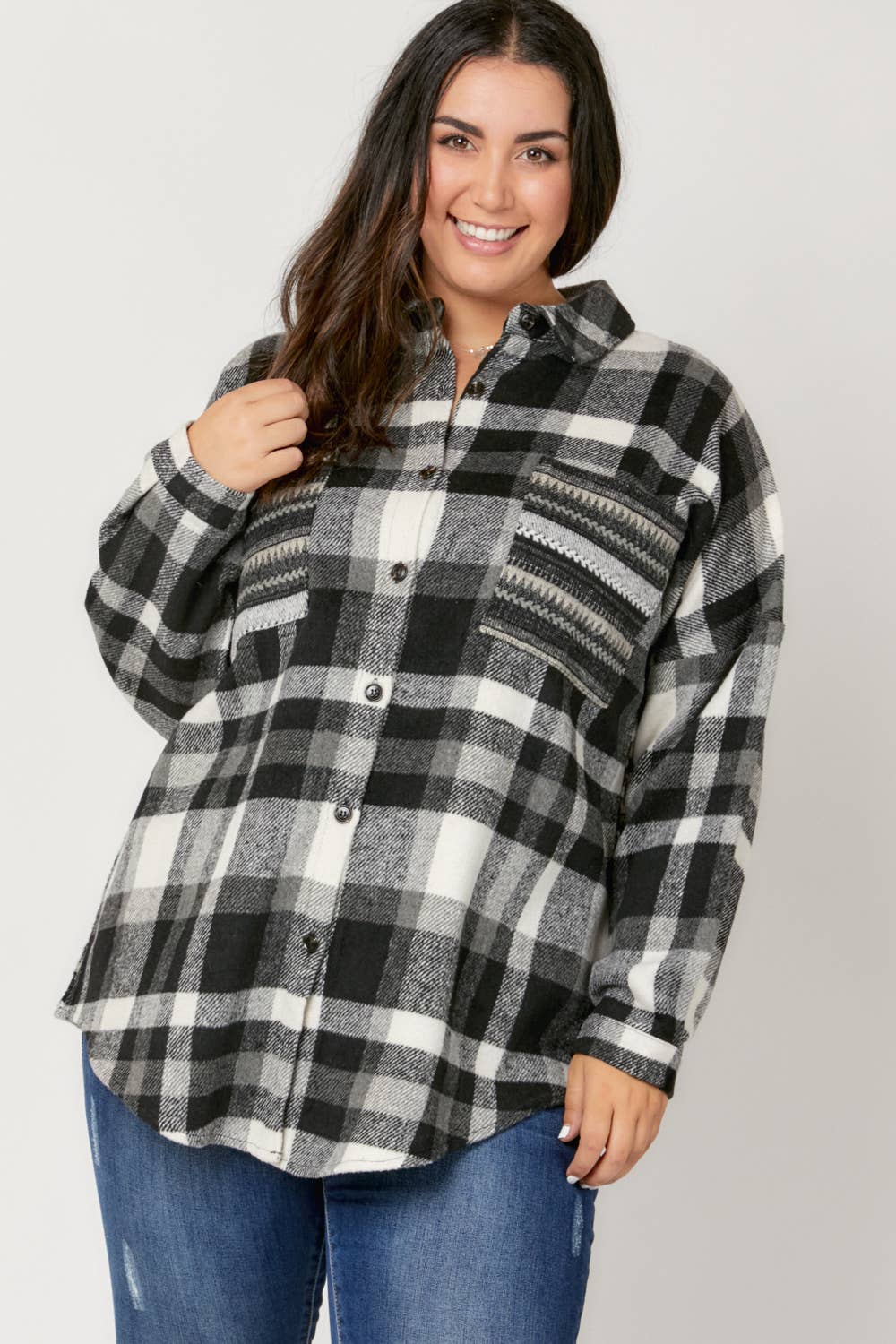 Plaid Button Down Long Sleeve Pocket Shirt Plus