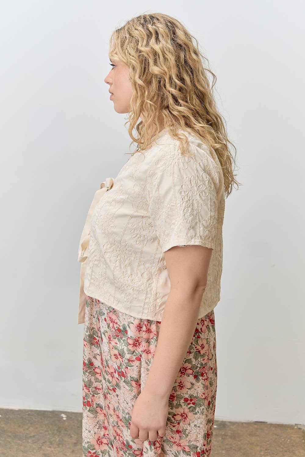 Embroided Flower Front Tie Top - Plus