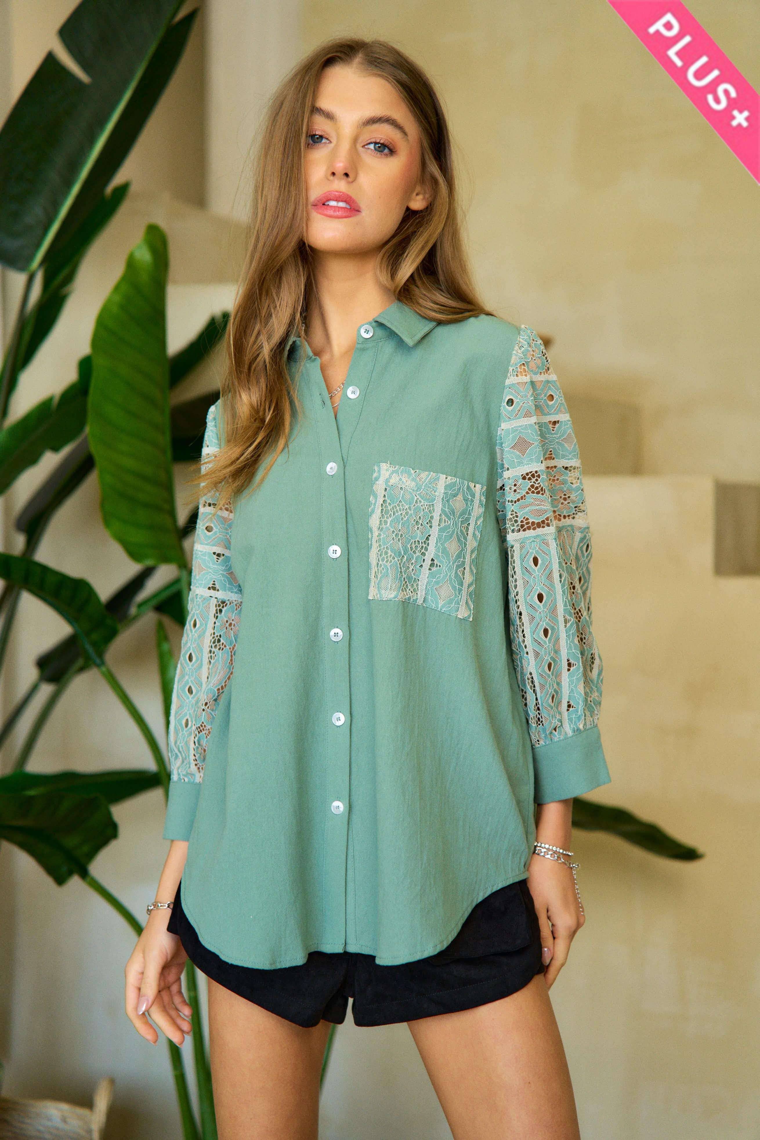Geo Stripe Lace Long Sleeve Button Shirt - Plus