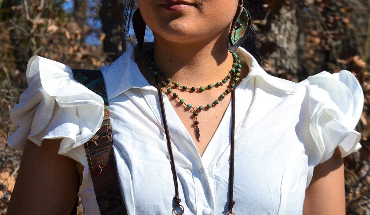 Double Strand Lariat African Turquoise Necklace w/ Copper Feather