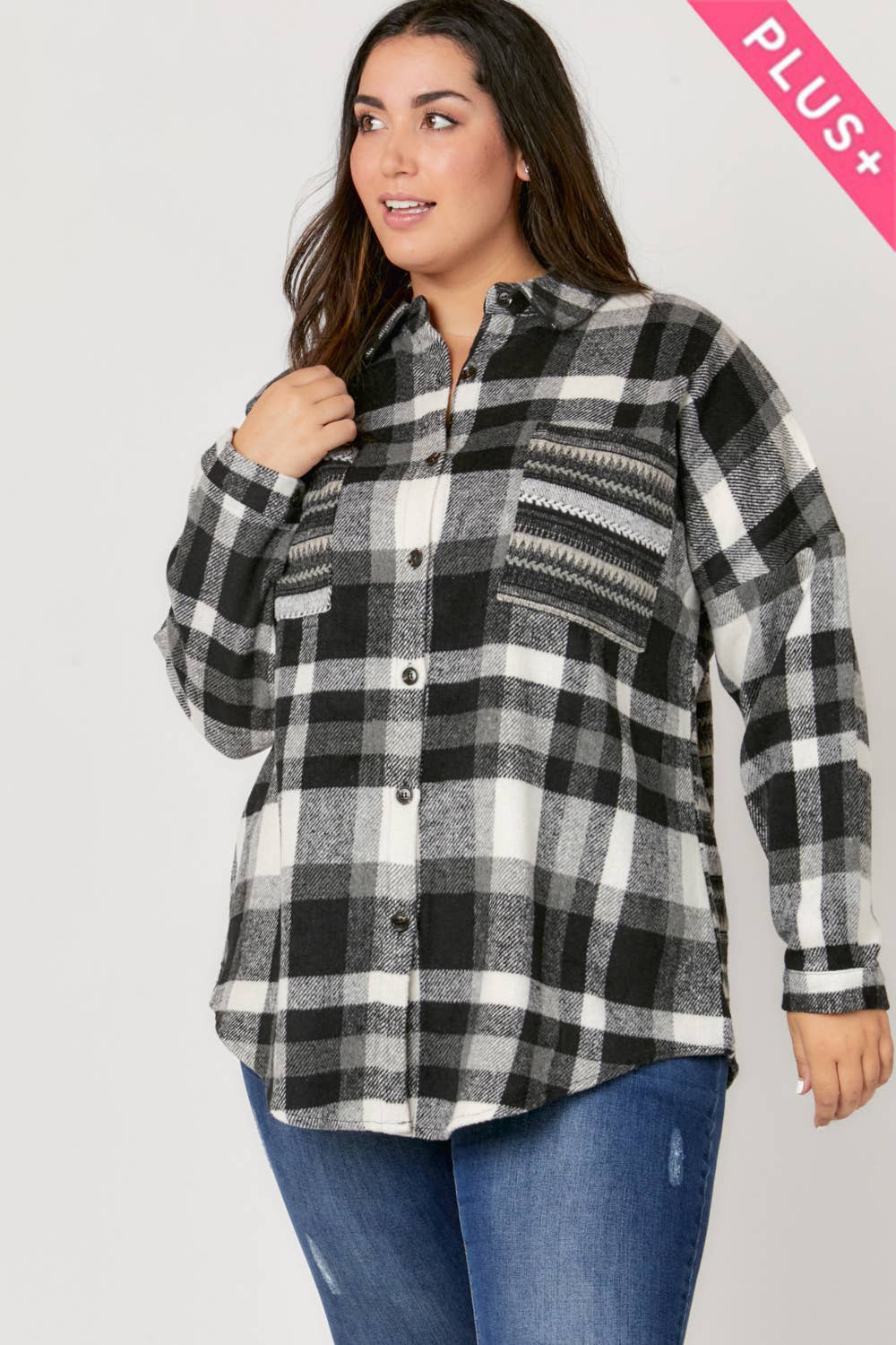 Plaid Button Down Long Sleeve Pocket Shirt Plus