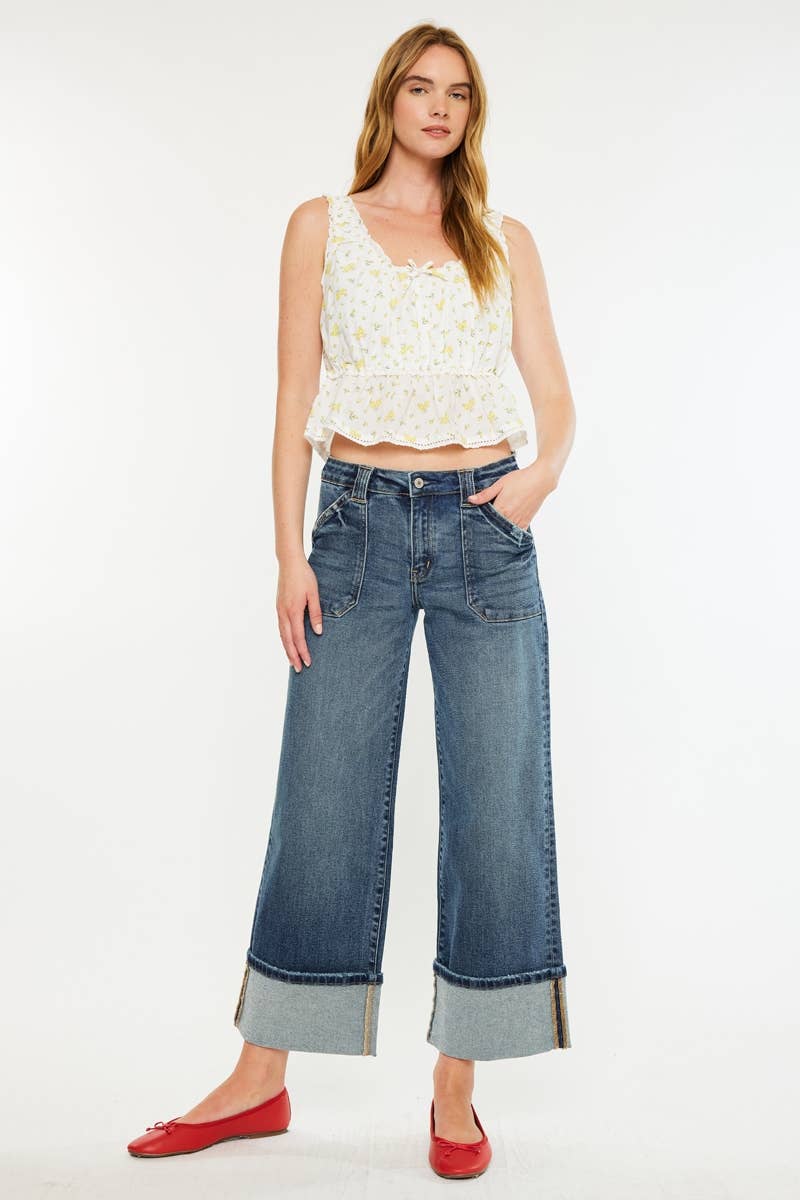 Kan Can Cropped wide leg Dark Wash Jeans KC2613D