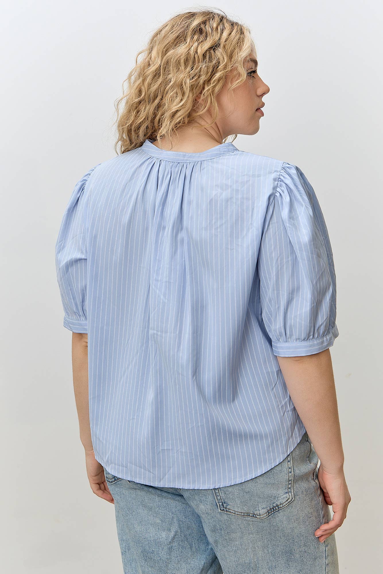 Blue V-NECK BUTTON UP TOP PLUS