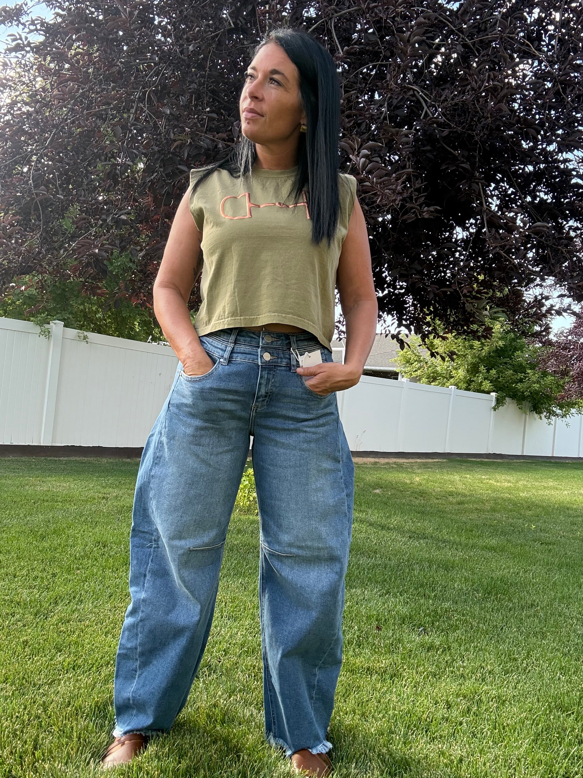 SLOUCHY BARREL DOUBLE WAISTBAND DETAIL JEANS PGA21767