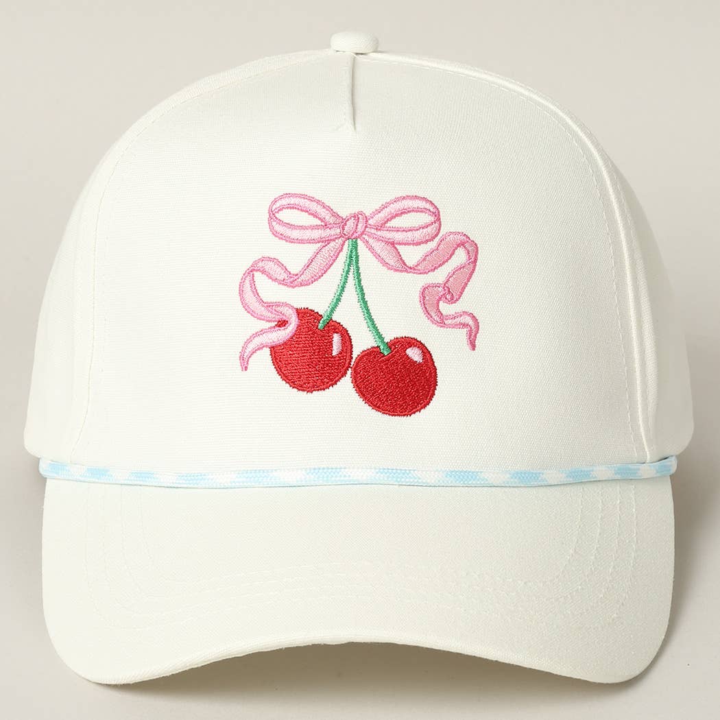 Cherry Ribbon Image Embroidery 5 Panel Trucker Hat