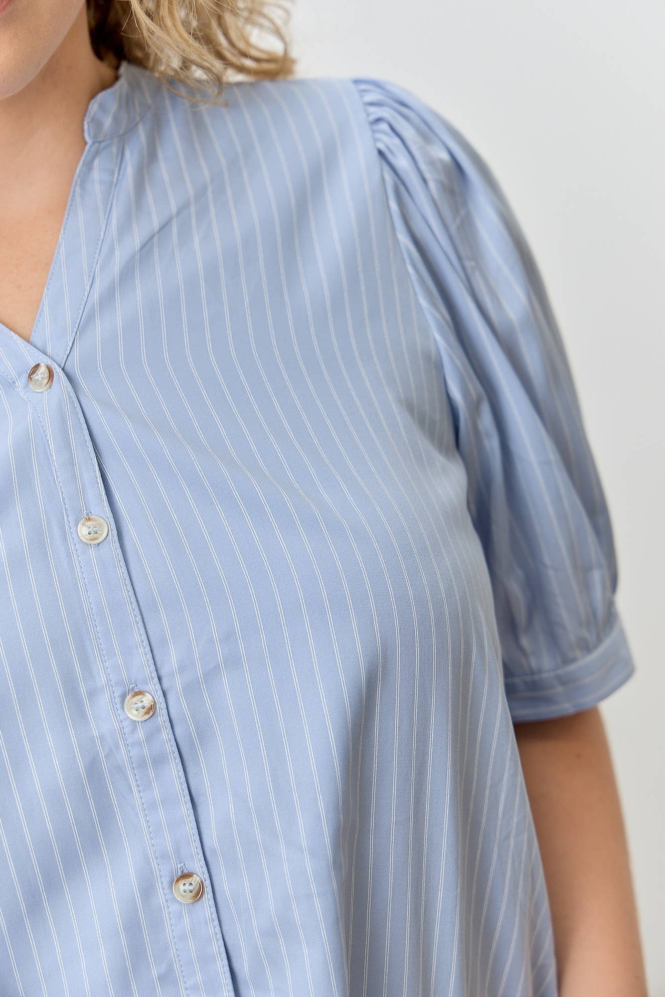 Blue V-NECK BUTTON UP TOP PLUS