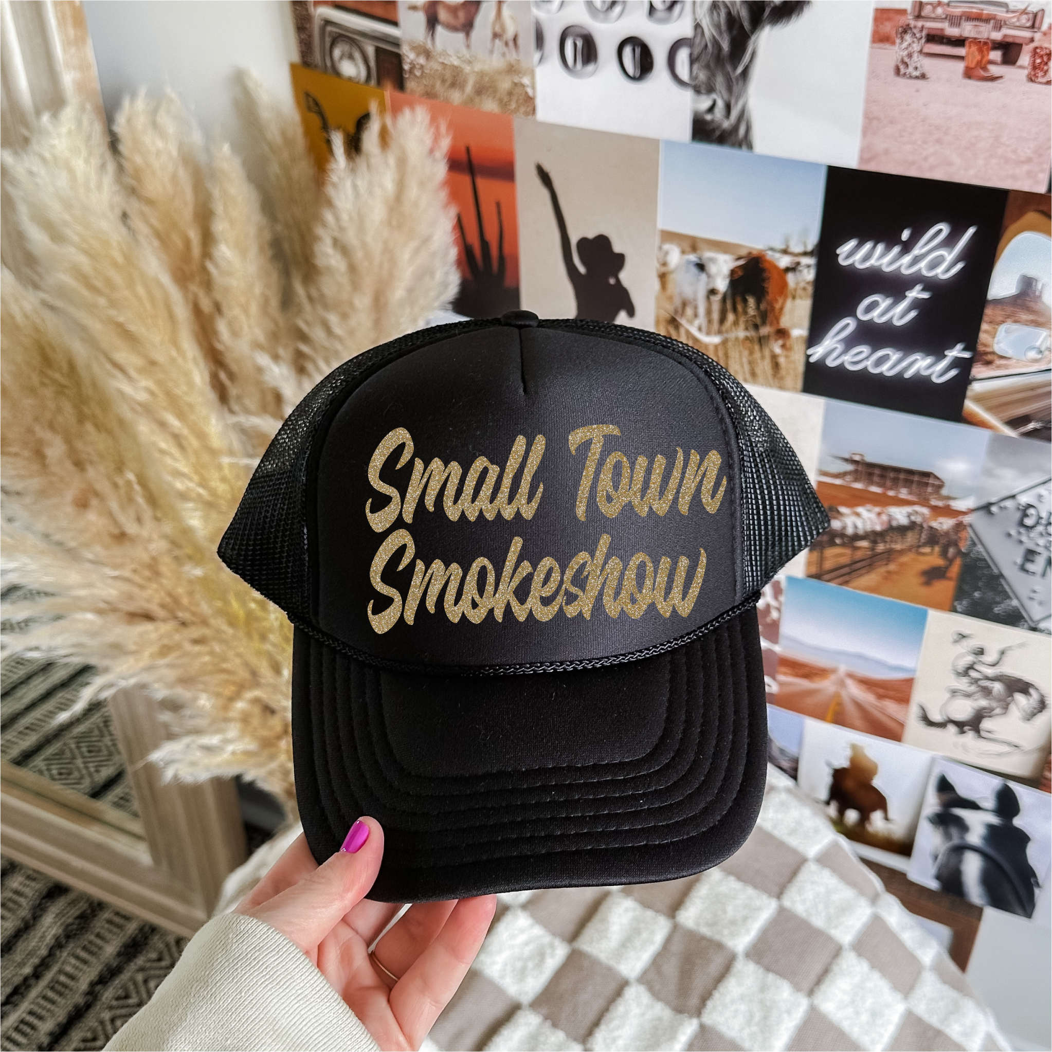 Small Town Smokeshow Gold Glitter Trucker Hat