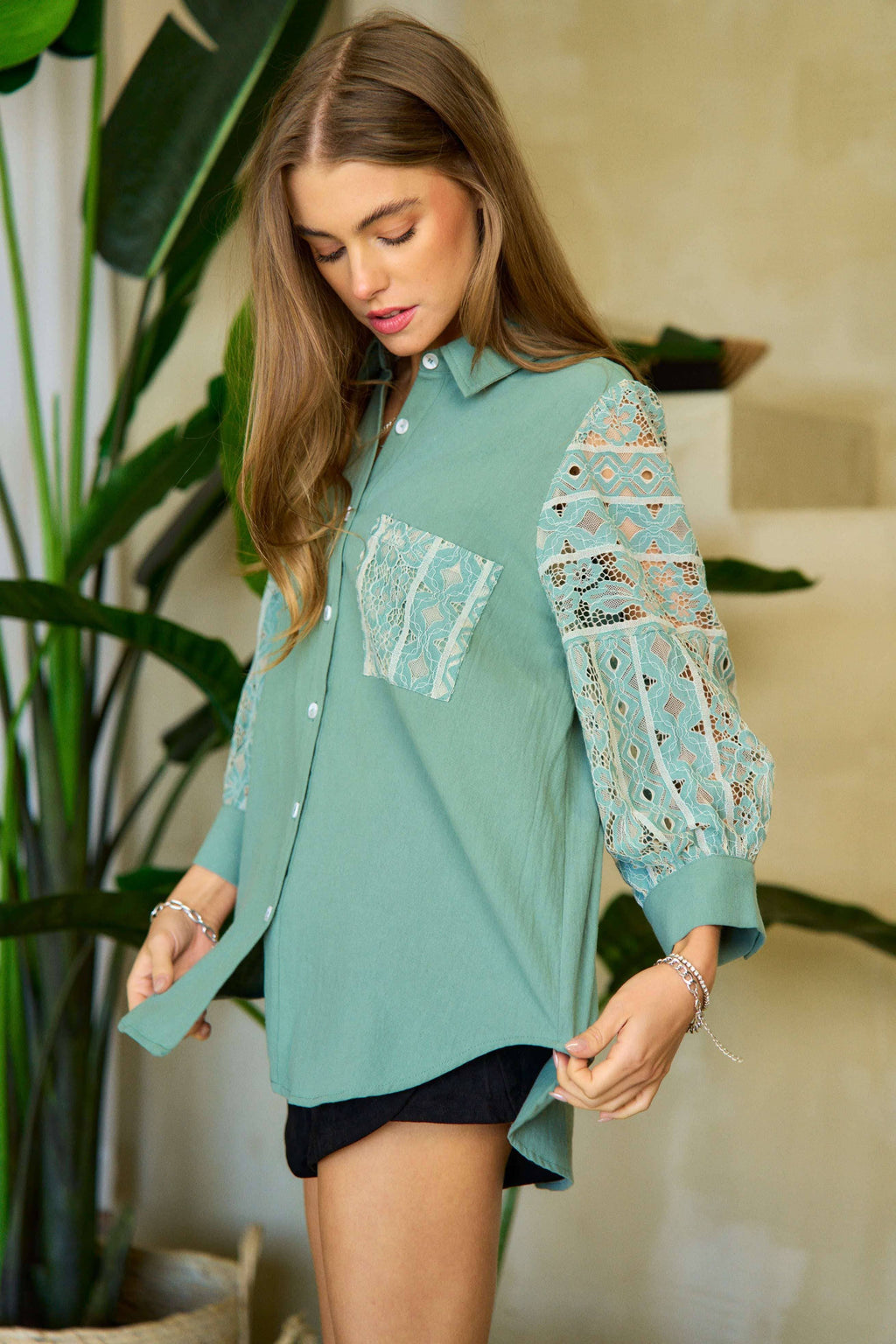 Geo Stripe Lace Long Sleeve Button Shirt - Plus