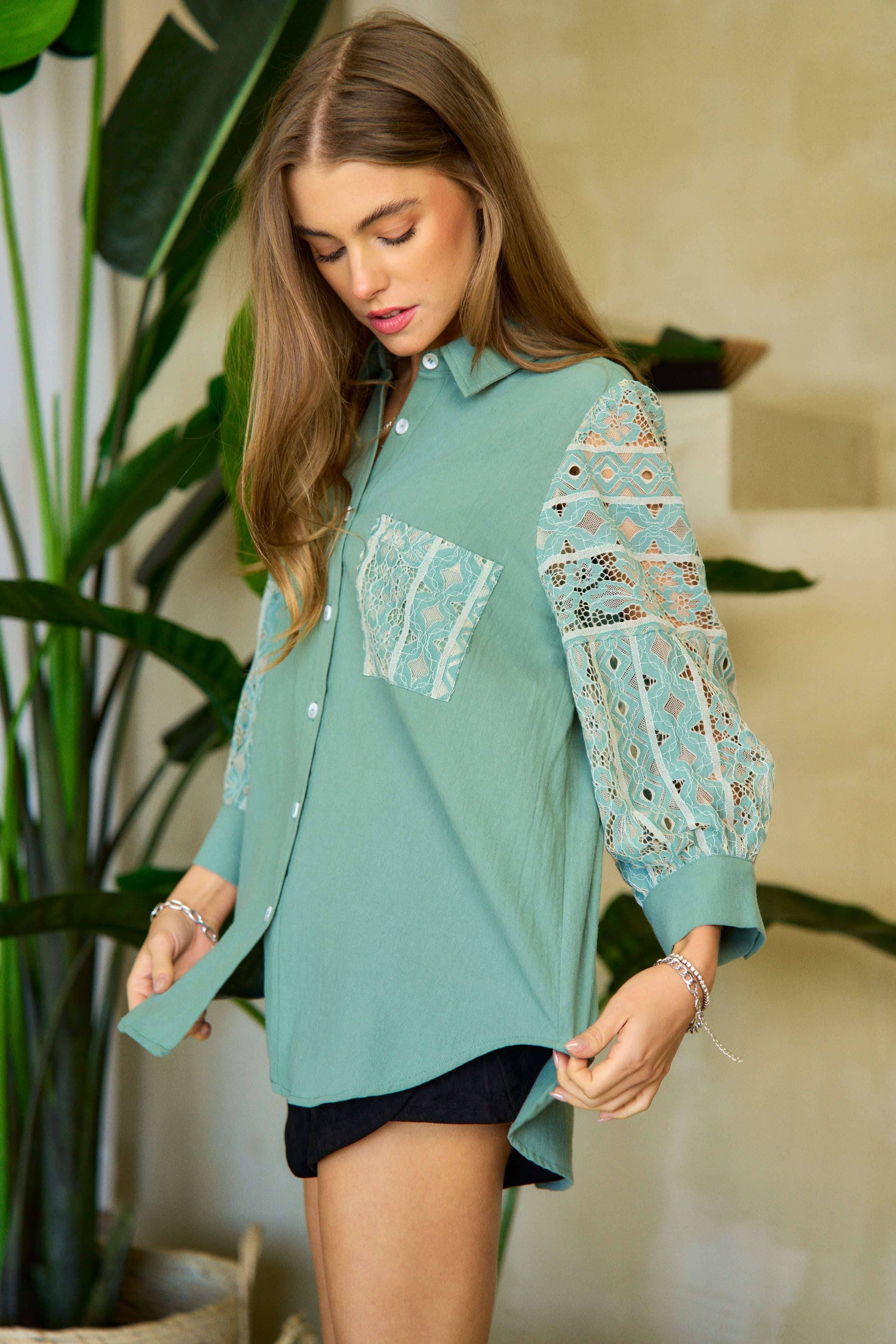 Geo Stripe Lace Long Sleeve Button Shirt - Plus