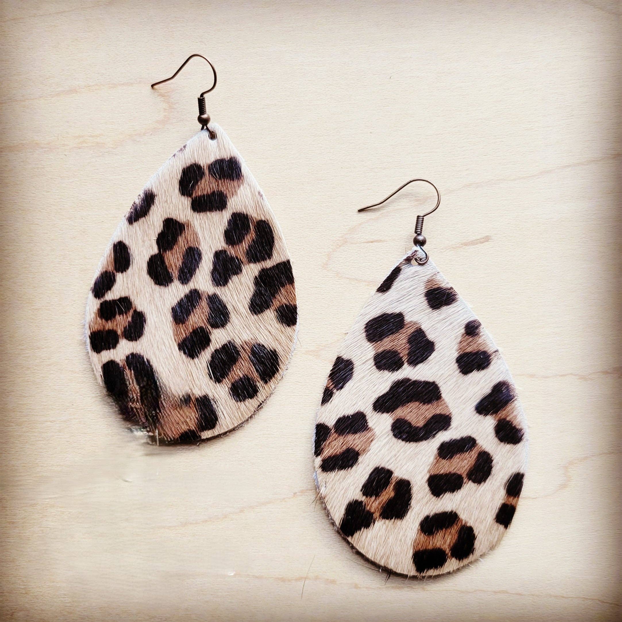 Leather Teardrop Earrings in Hair on Hide Leopard