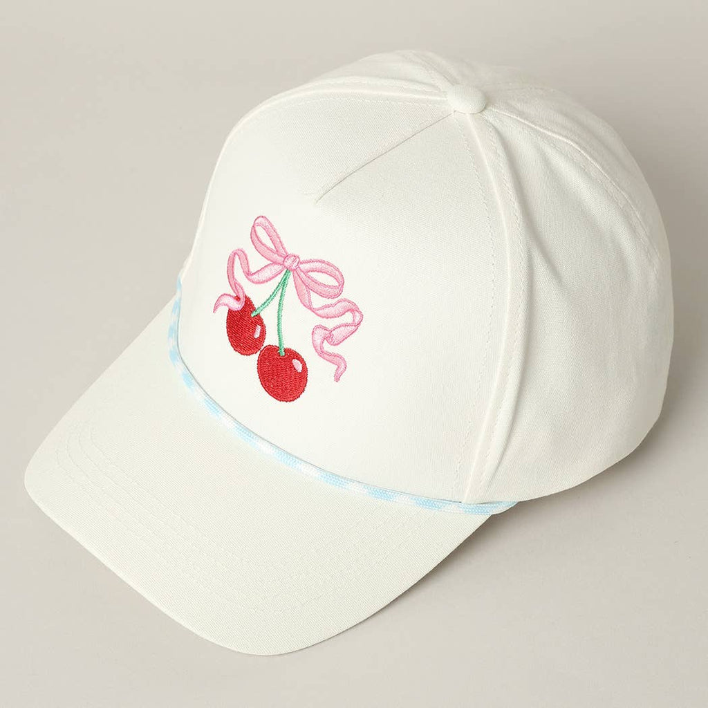 Cherry Ribbon Image Embroidery 5 Panel Trucker Hat