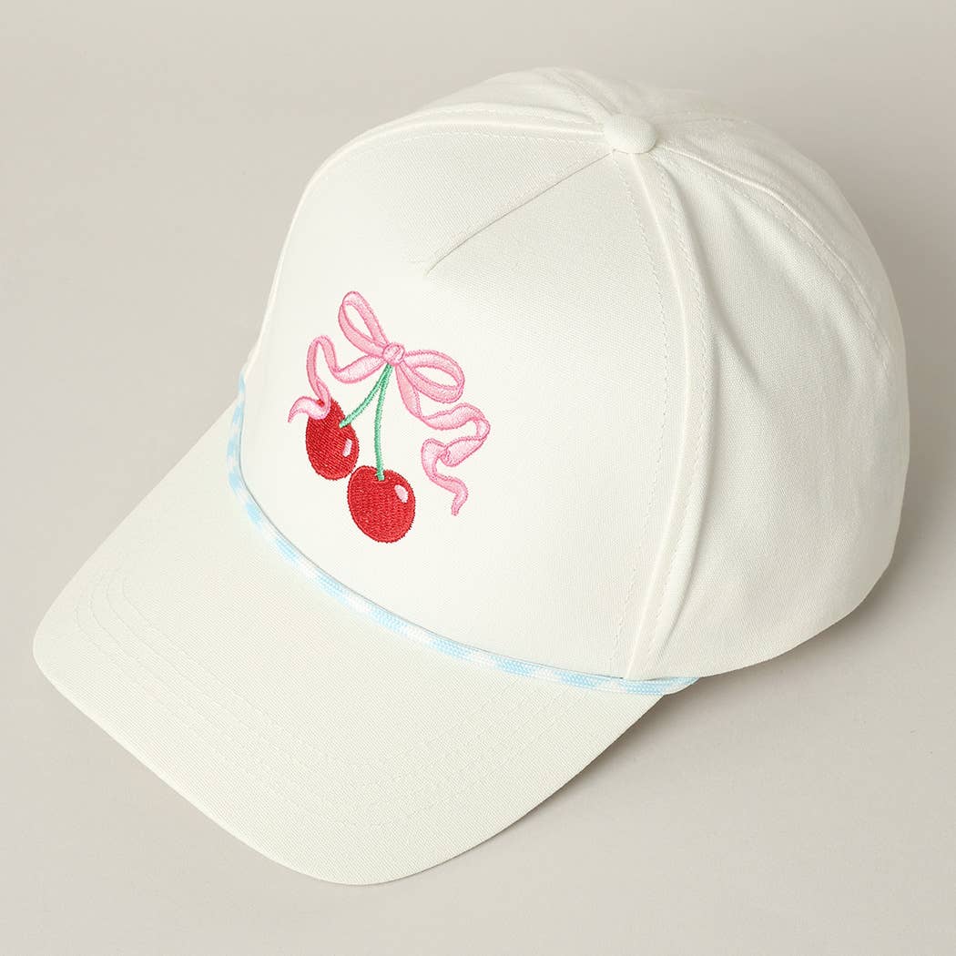Cherry Ribbon Image Embroidery 5 Panel Trucker Hat