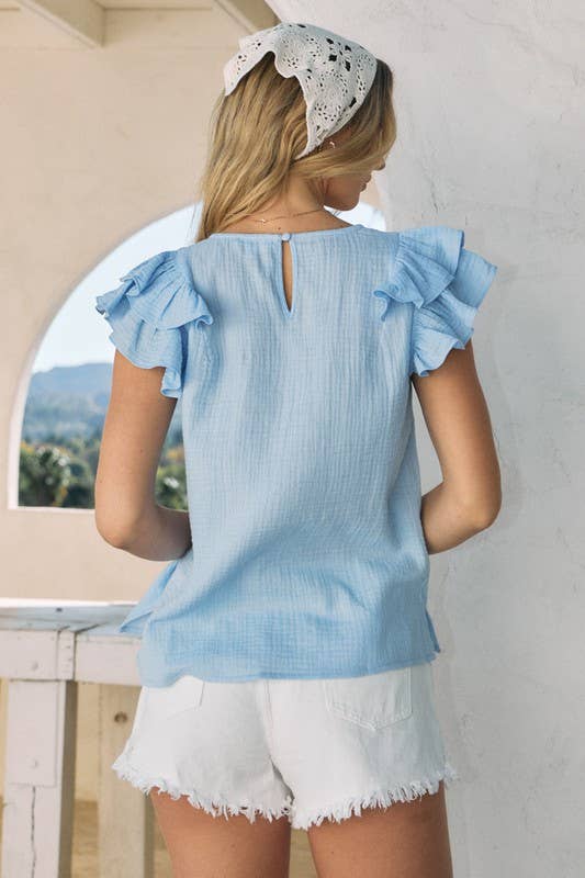 Solid Cotton Gauze Blouse - V-Neck with Ruffle Sleeve