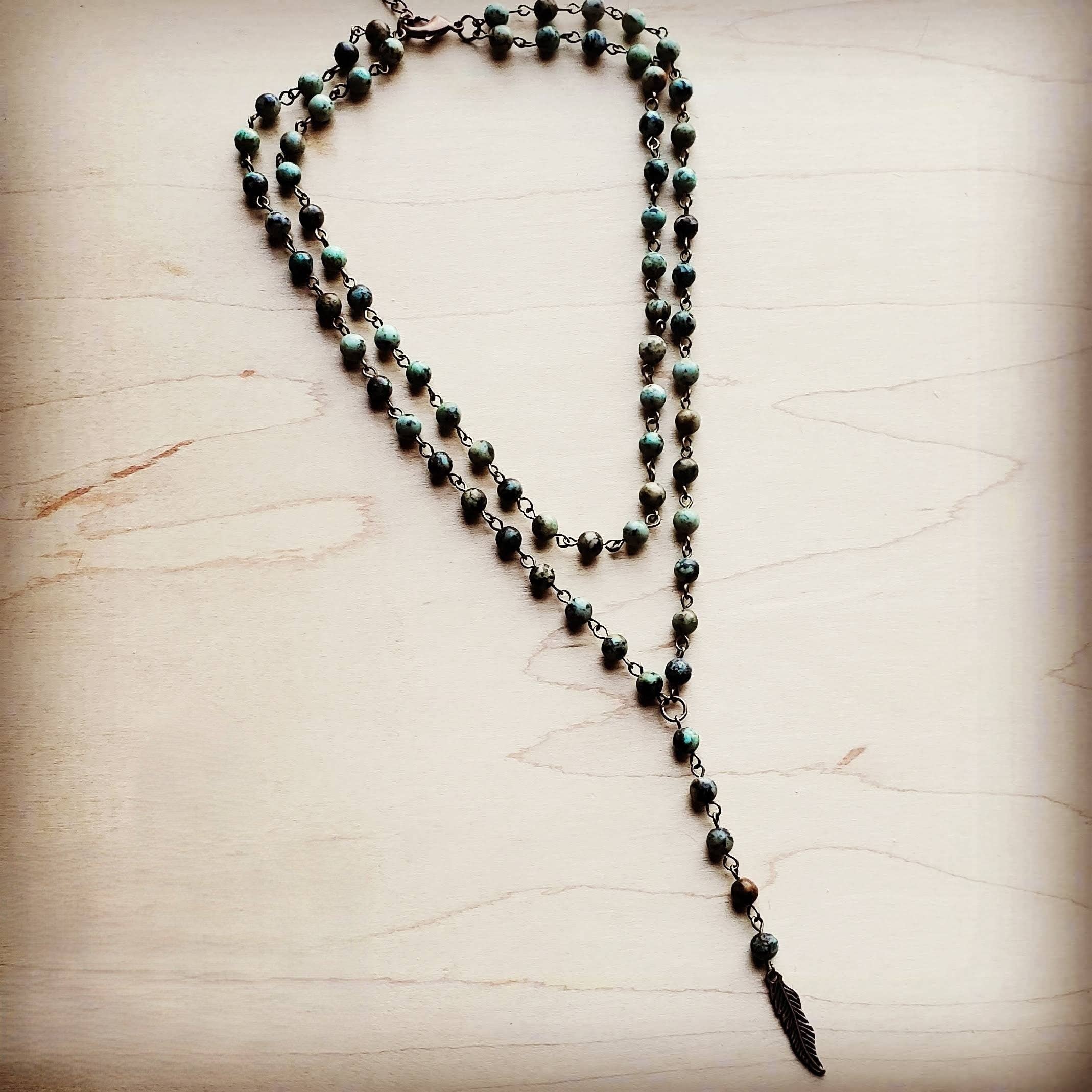 Double Strand Lariat African Turquoise Necklace w/ Copper Feather