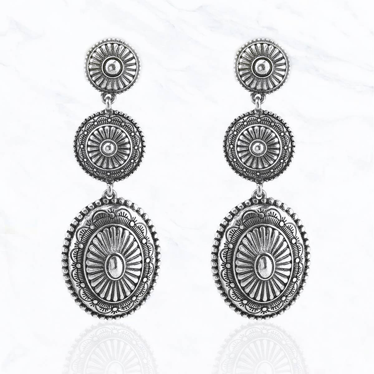 Metal Oval Concho Post Dangle Western Earrings