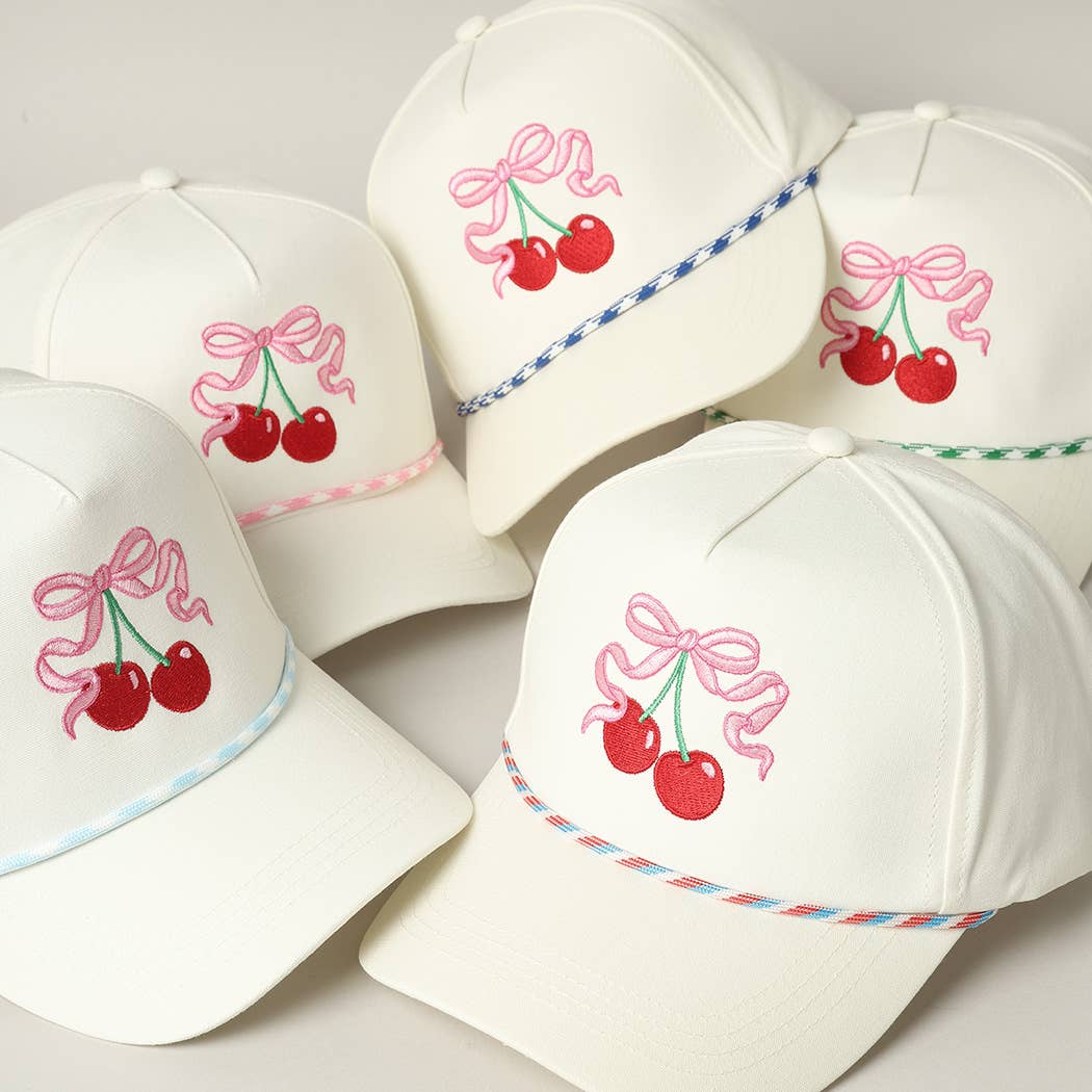 Cherry Ribbon Image Embroidery 5 Panel Trucker Hat