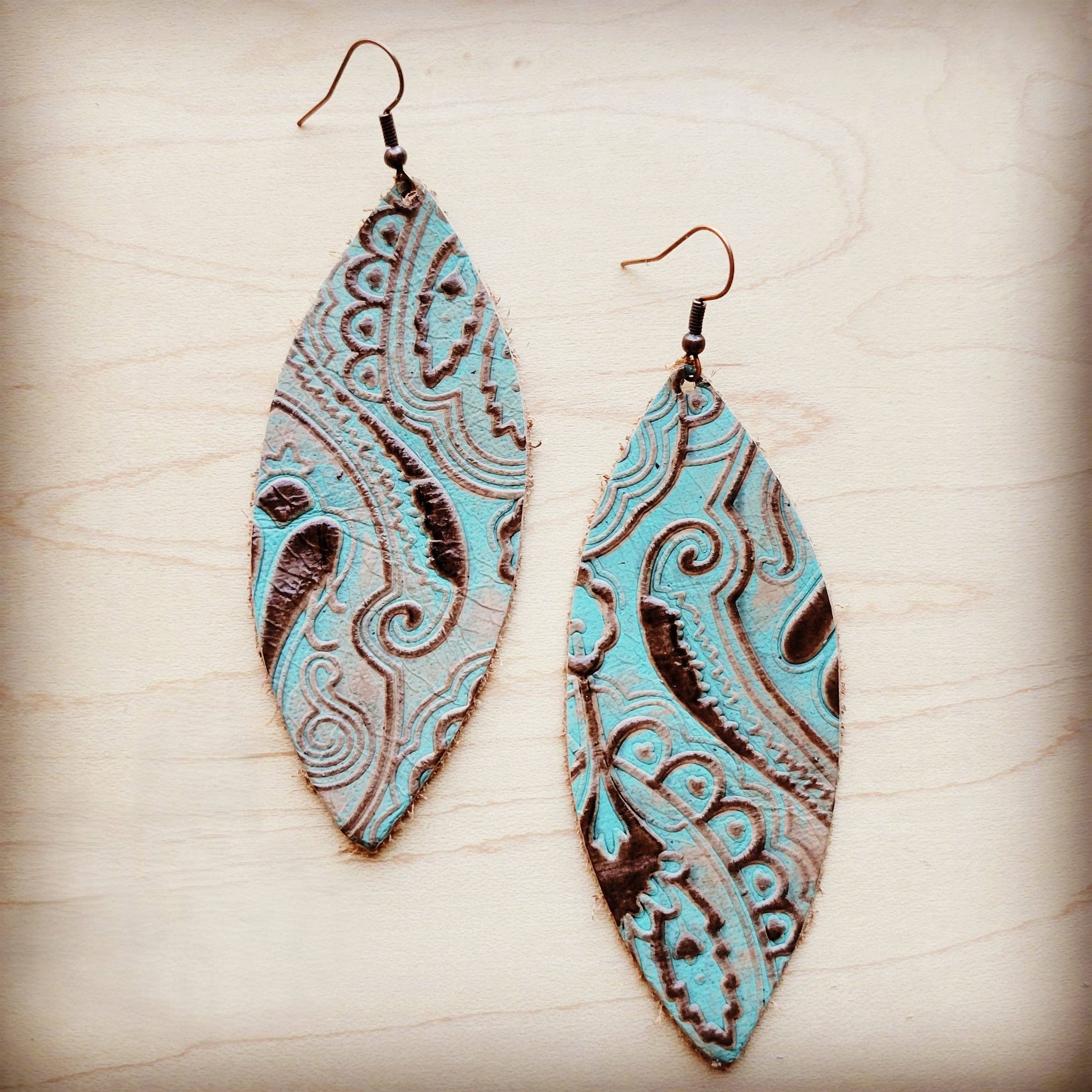 Narrow Leather Oval Earrings-Napolis Turquoise & Brown