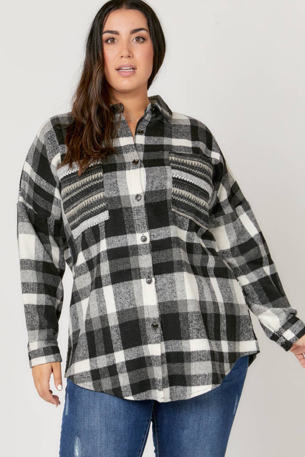 Plaid Button Down Long Sleeve Pocket Shirt Plus