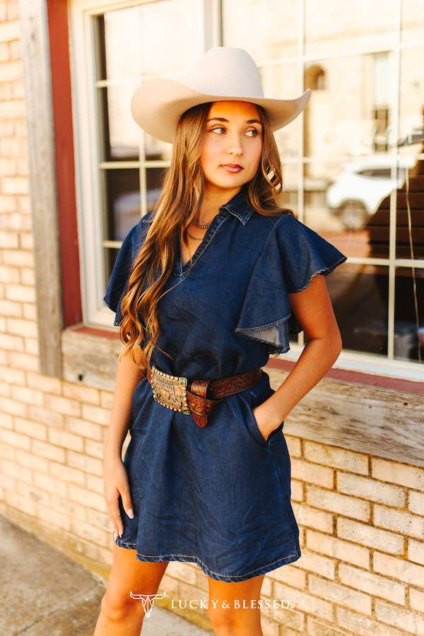 Dark Wash Ruffle Short Sleeve Stretch Denim Dress