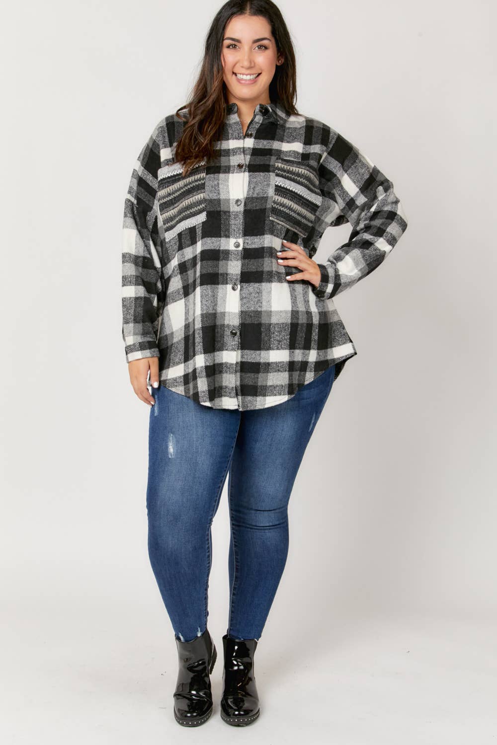 Plaid Button Down Long Sleeve Pocket Shirt Plus