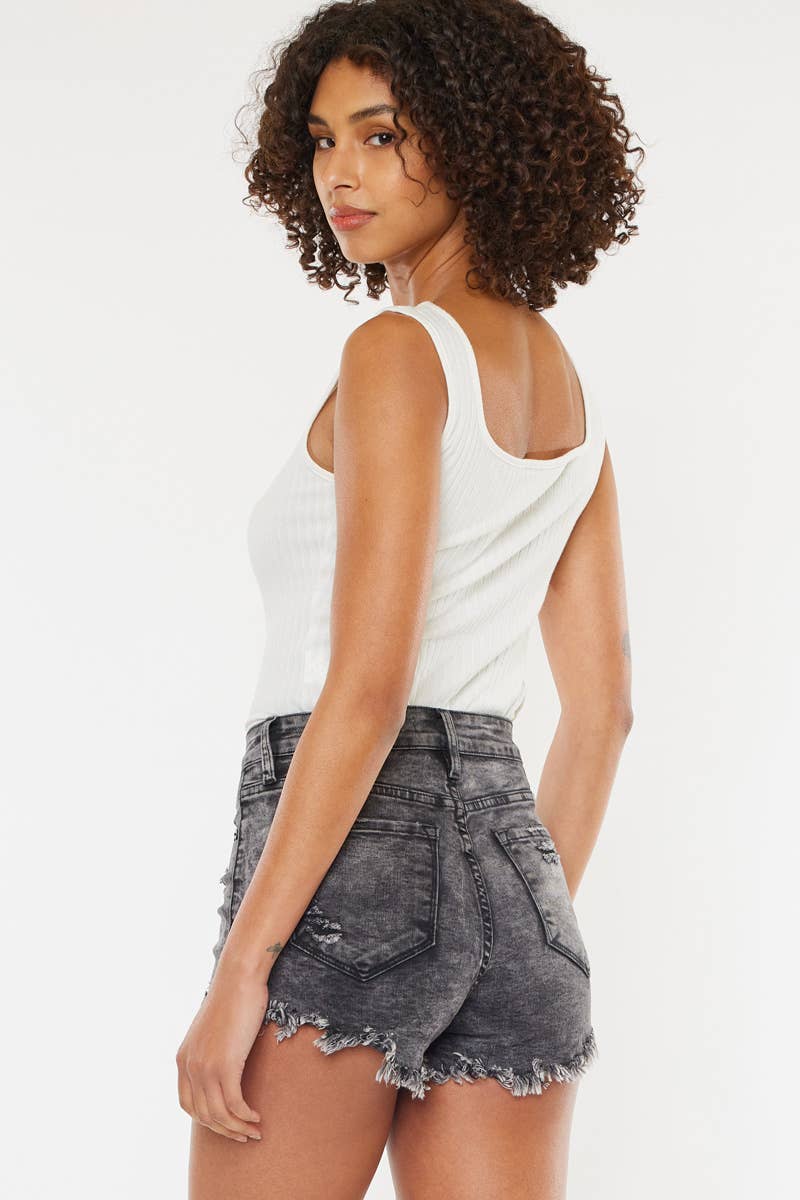 High Rise Gray Stone Fray Hem Denim Shorts