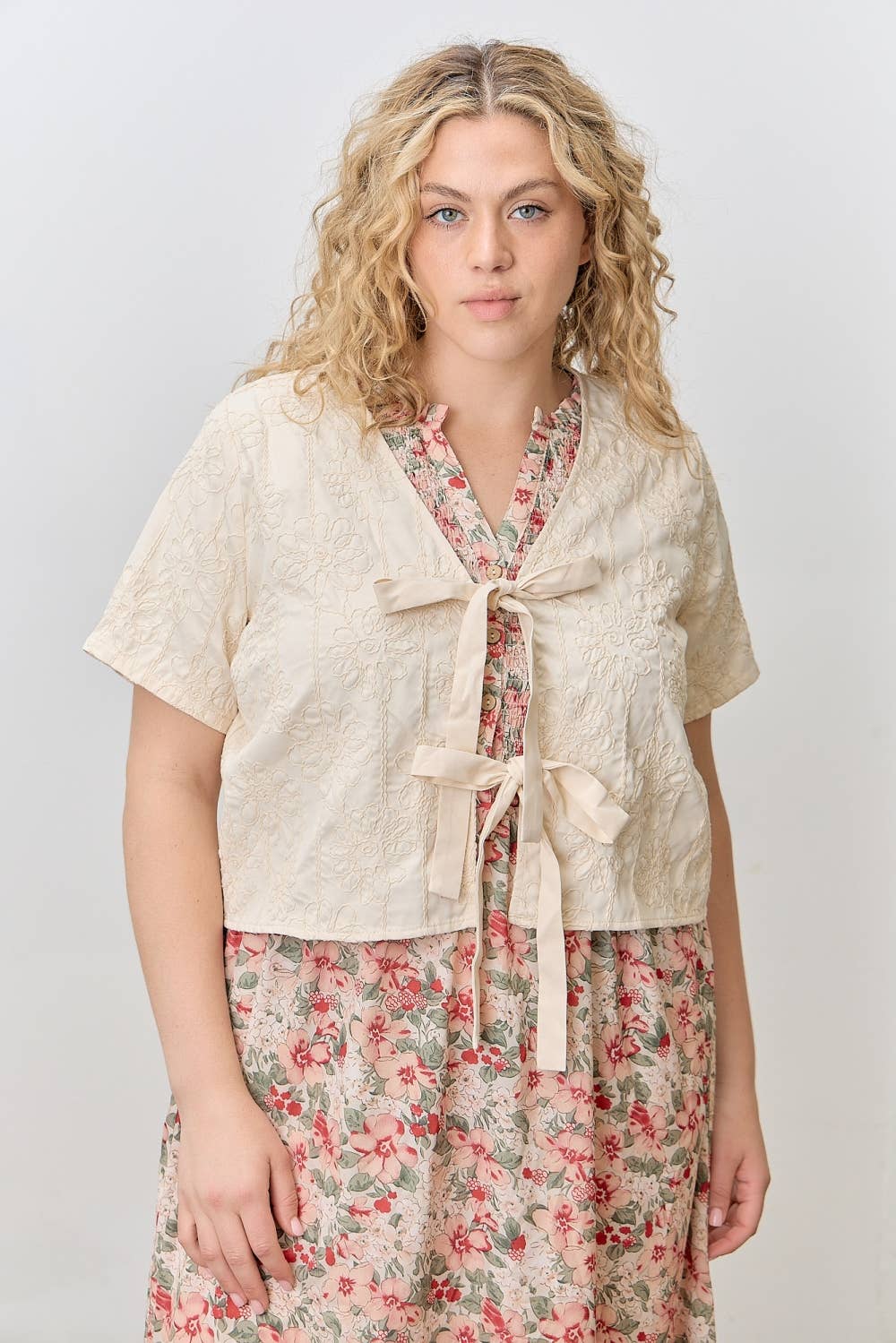Embroided Flower Front Tie Top - Plus