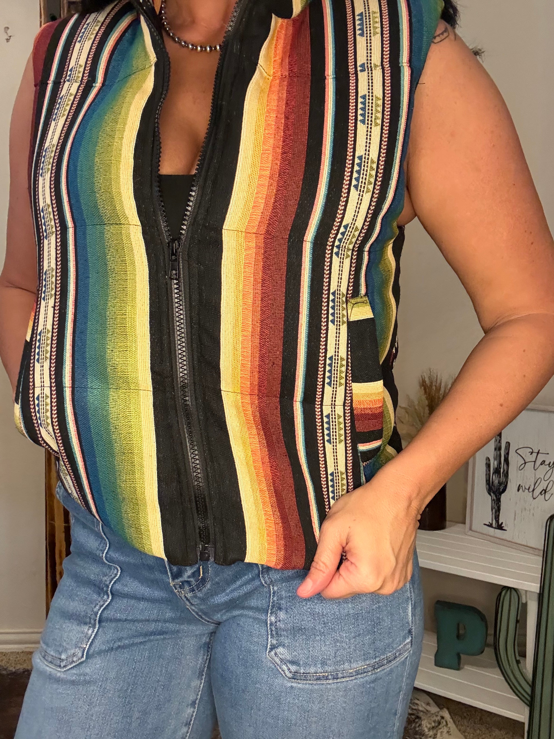 Black Serape Woven Zip-up Puffer Vest