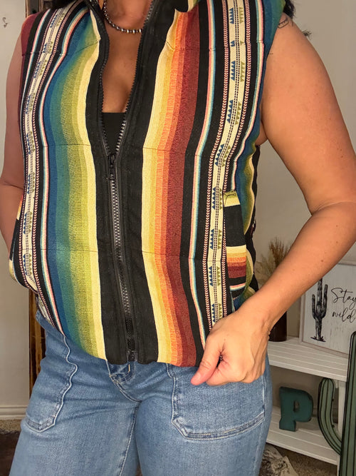 Black Serape Woven Zip-up Puffer Vest