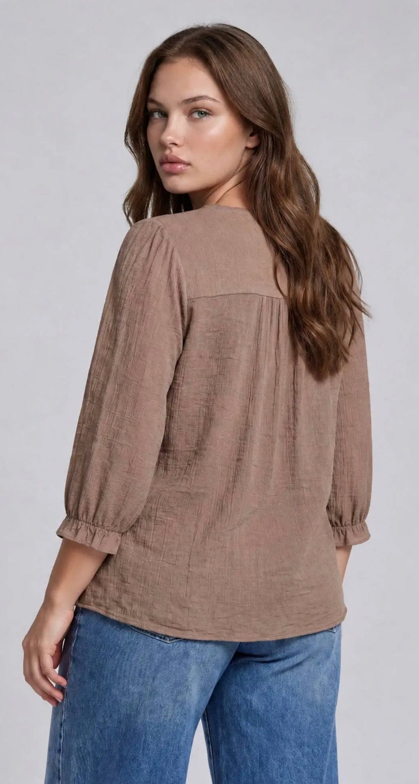 Plus- Crochet Trim 3/4 Sleeve Blouse