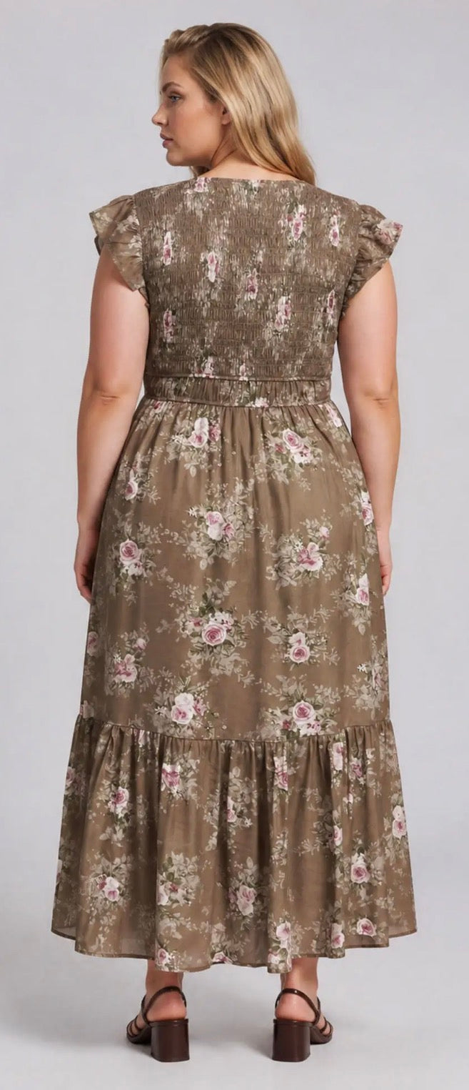 Plus-Smocked V Neck Midi Dress