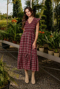 Smocked V Neck Plaid Button Down Dress