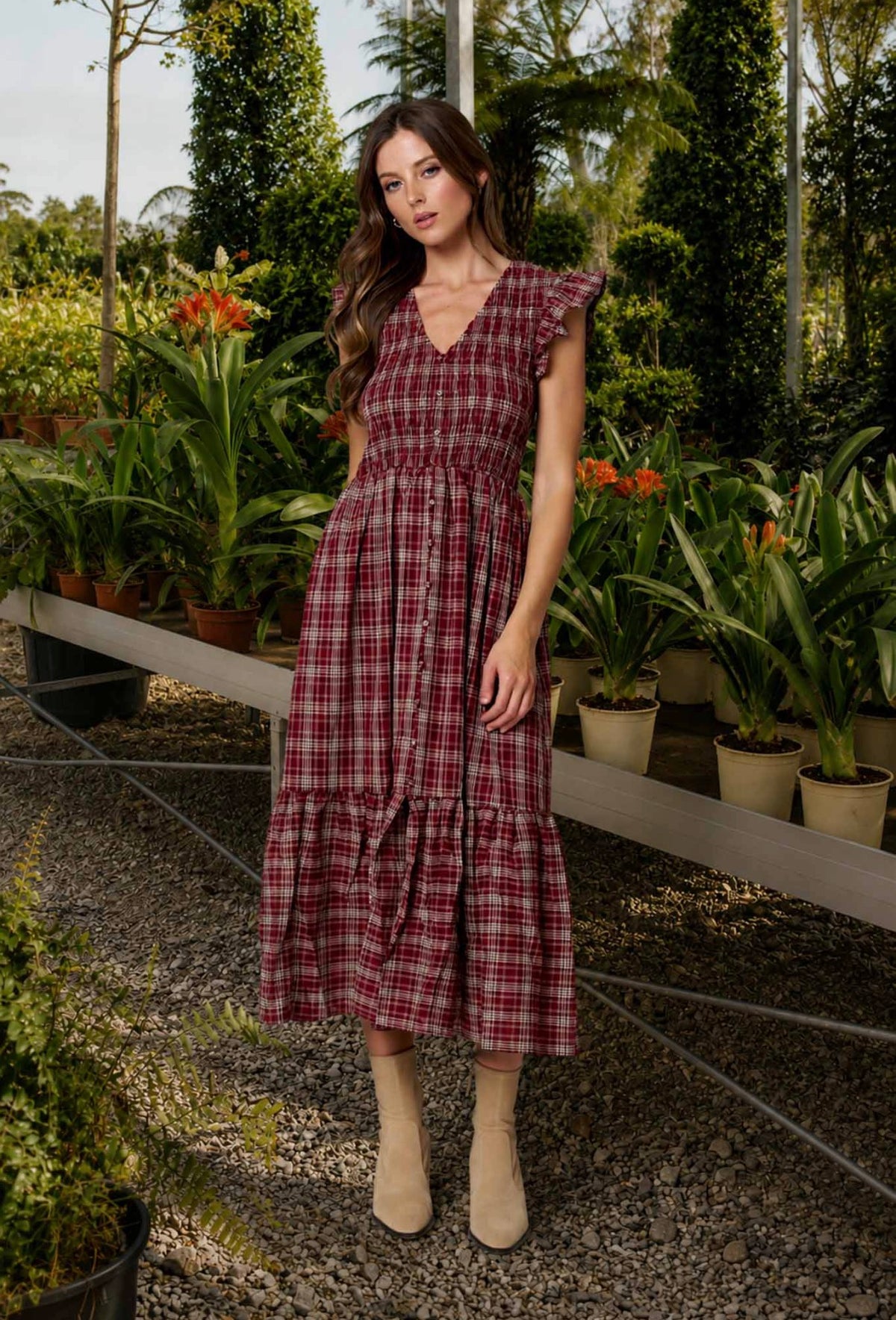 Smocked V Neck Plaid Button Down Dress